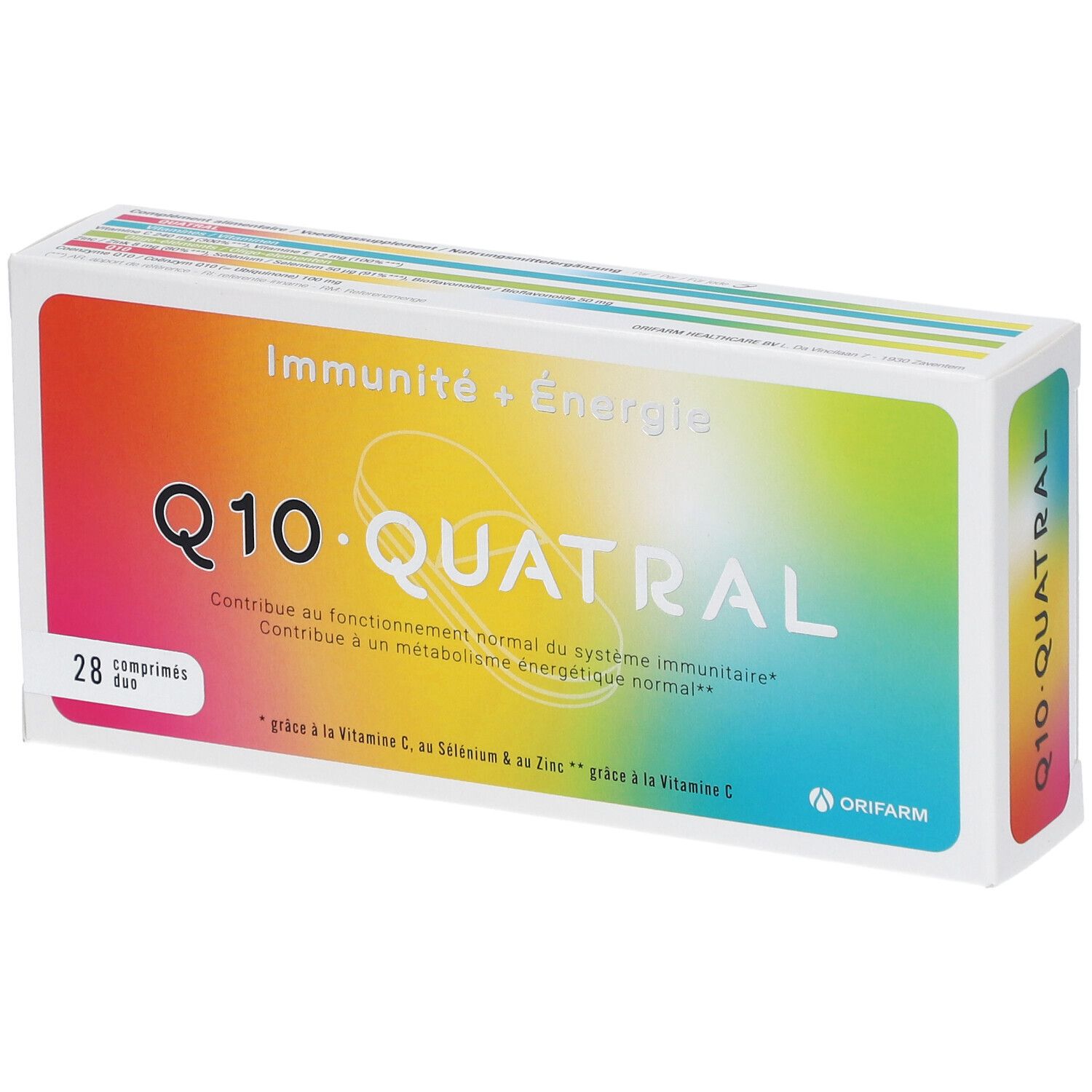 Verpakking Q10 Quatral, 28 tabletten. Opschrift: Weerstand + Energie. Merk: Orifarm.