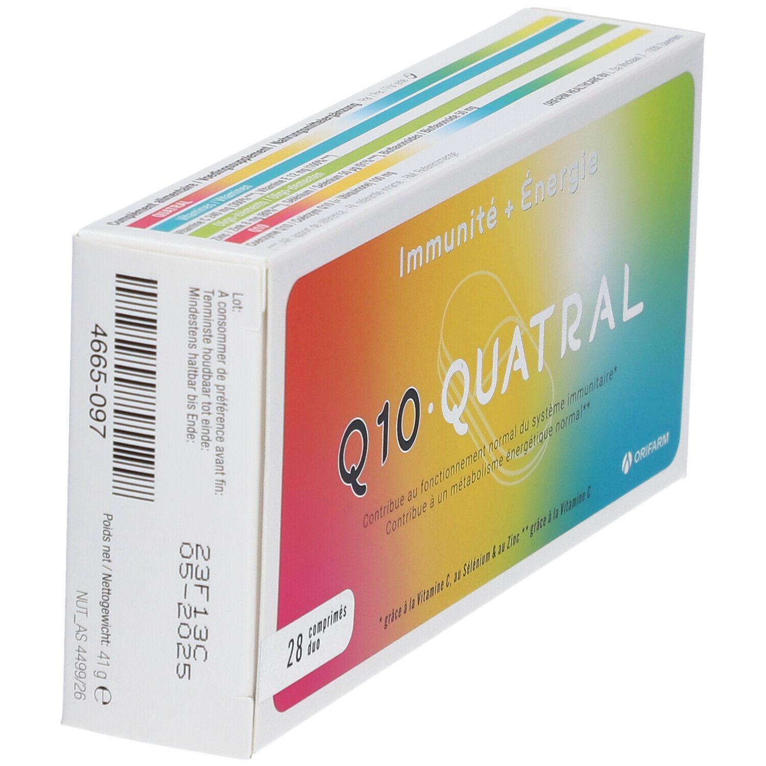 Verpakking Q10 Quatral, 28 tabletten. Opschrift: Weerstand + Energie. Merk: Orifarm.