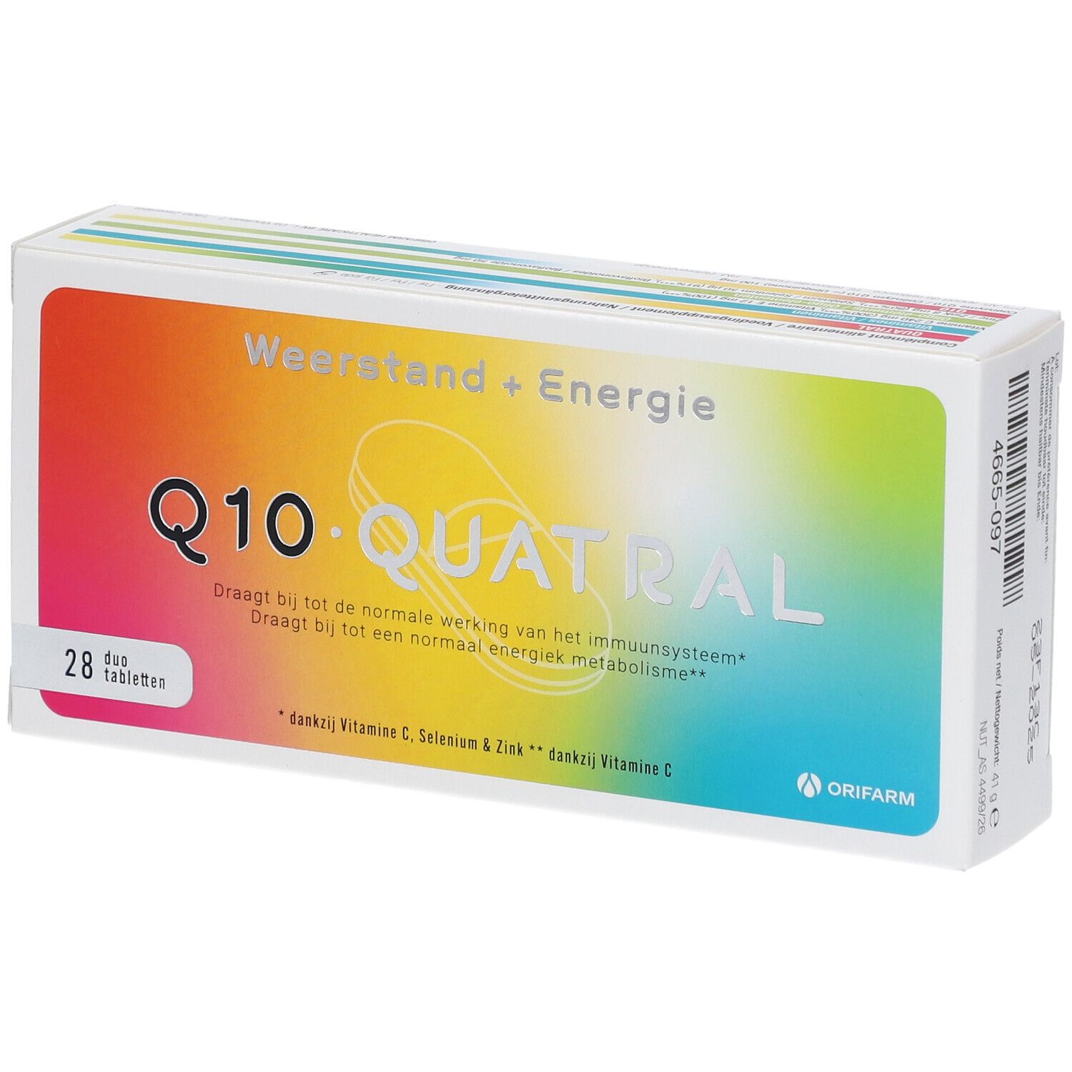 Verpakking Q10 Quatral, 28 tabletten. Opschrift: Weerstand + Energie. Merk: Orifarm.