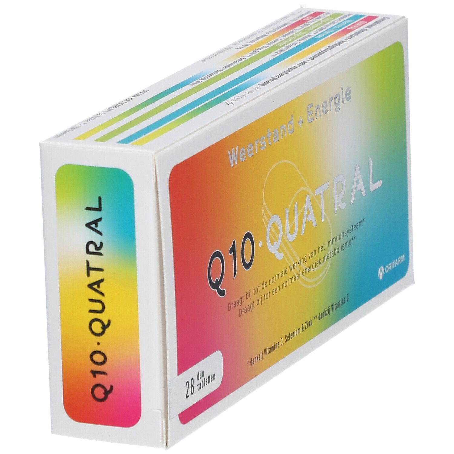 Verpakking Q10 Quatral, 28 tabletten. Opschrift: Weerstand + Energie. Merk: Orifarm.