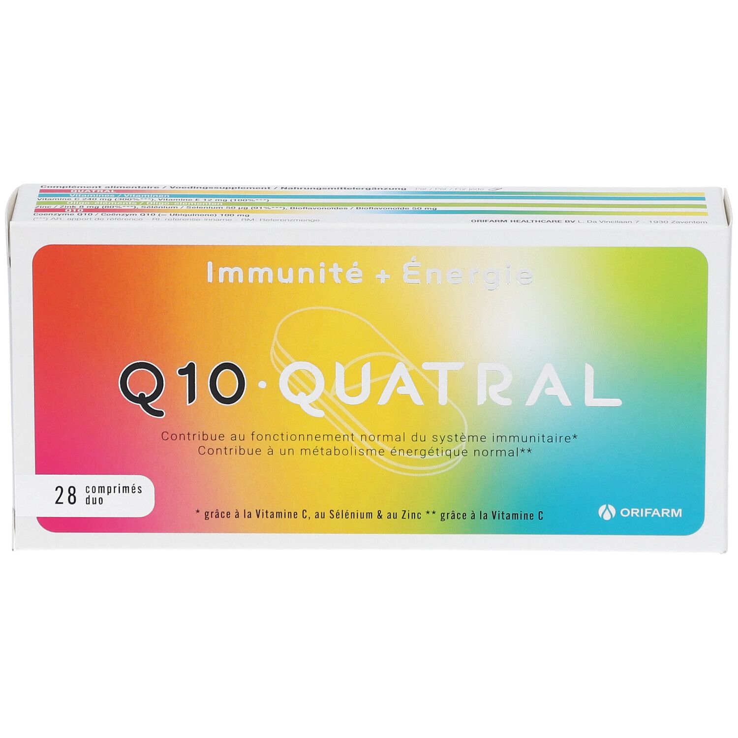 Verpakking Q10 Quatral, 28 tabletten. Opschrift: Weerstand + Energie. Merk: Orifarm.