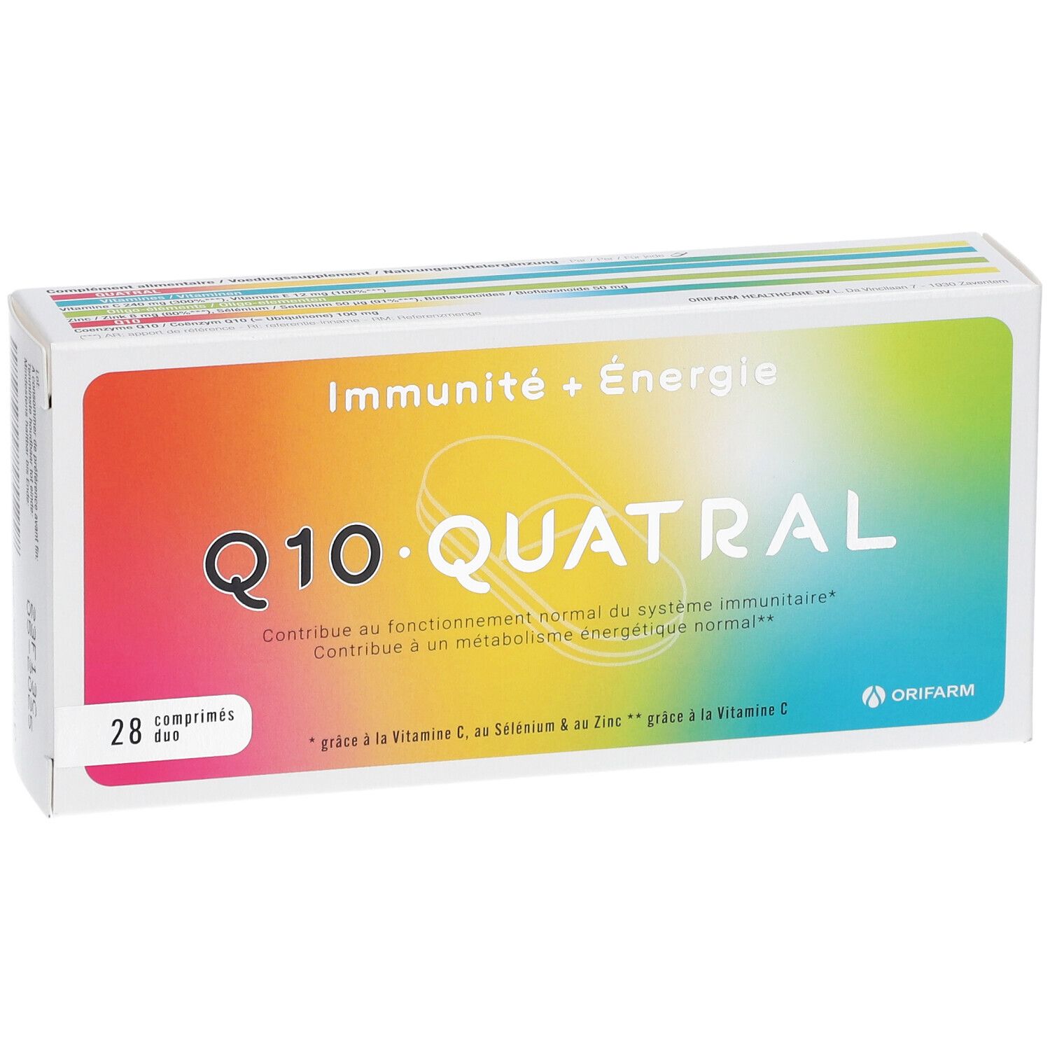 Verpakking Q10 Quatral, 28 tabletten. Opschrift: Weerstand + Energie. Merk: Orifarm.