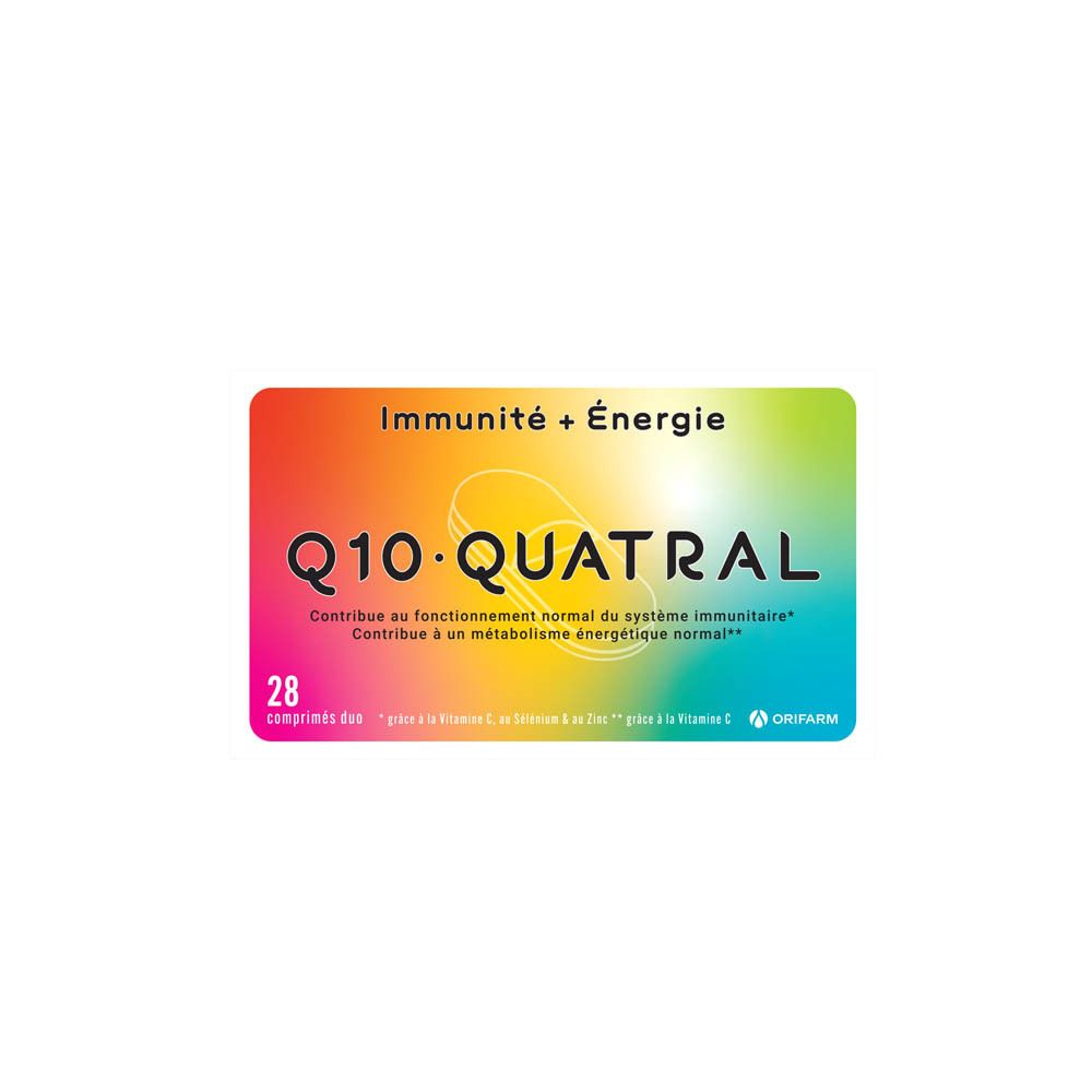 Boîte de Q10 Quatral, 28 comprimés. Inscription: Immunité + Énergie. Marque: Orifarm.