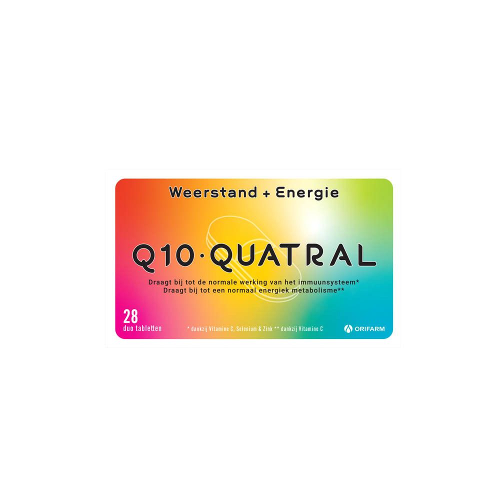 Verpakking Q10 Quatral, 28 tabletten. Opschrift: Weerstand + Energie. Merk: Orifarm.