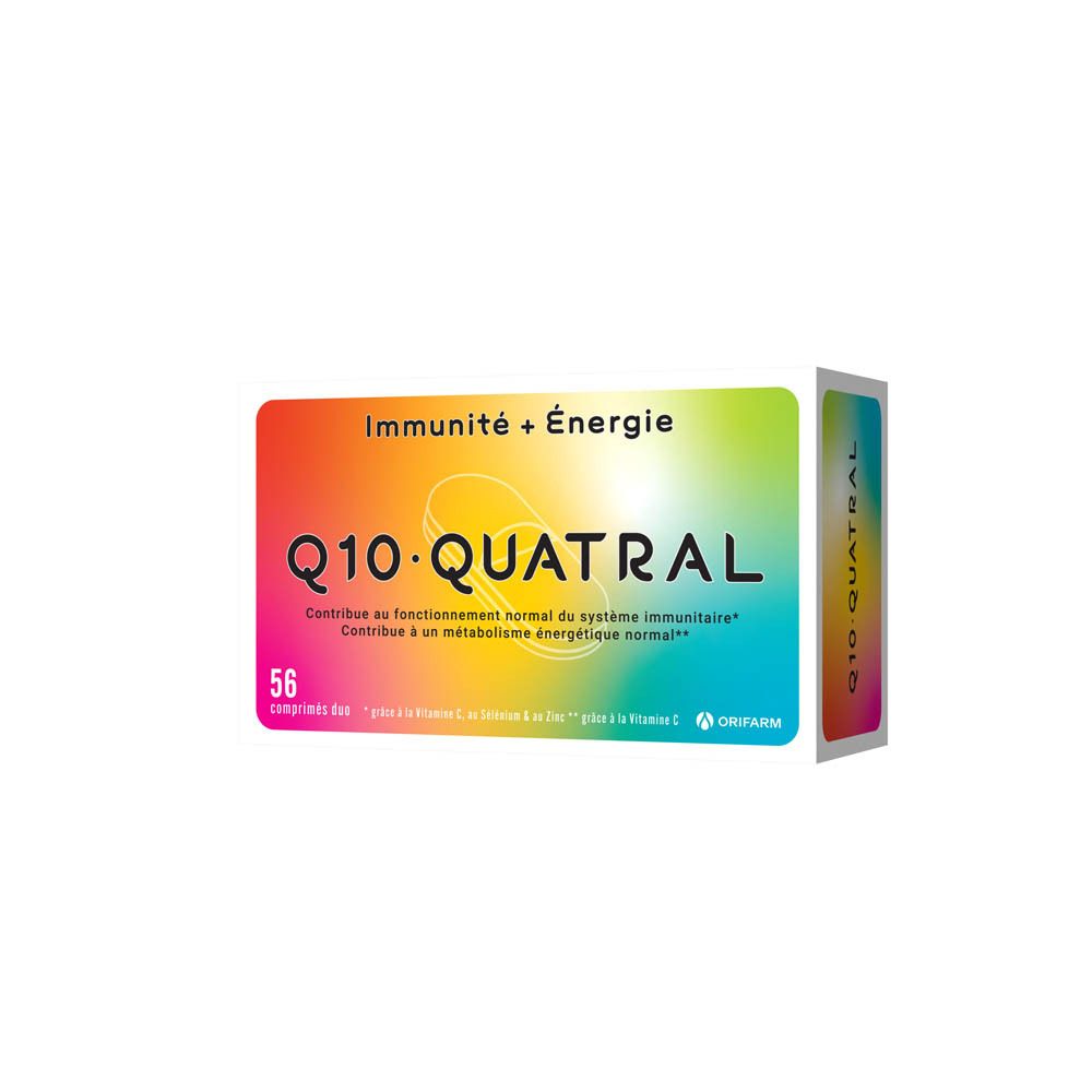 Boîte Q10 Quatral, 56 comprimés. Inscription : Immunité + Énergie. Marque : Orifarm.