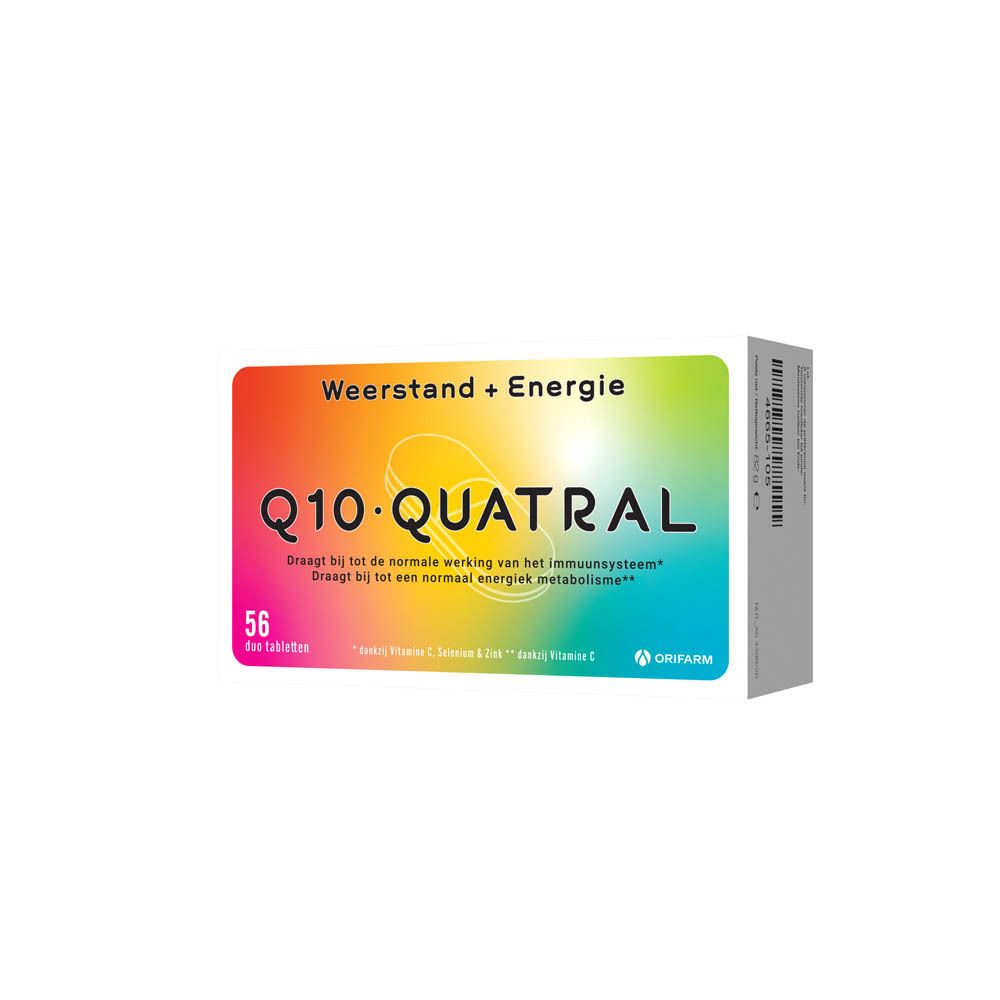 Verpakking Q10 Quatral, 56 tabletten. Opschrift: Weerstand + Energie. Merk: Orifarm.