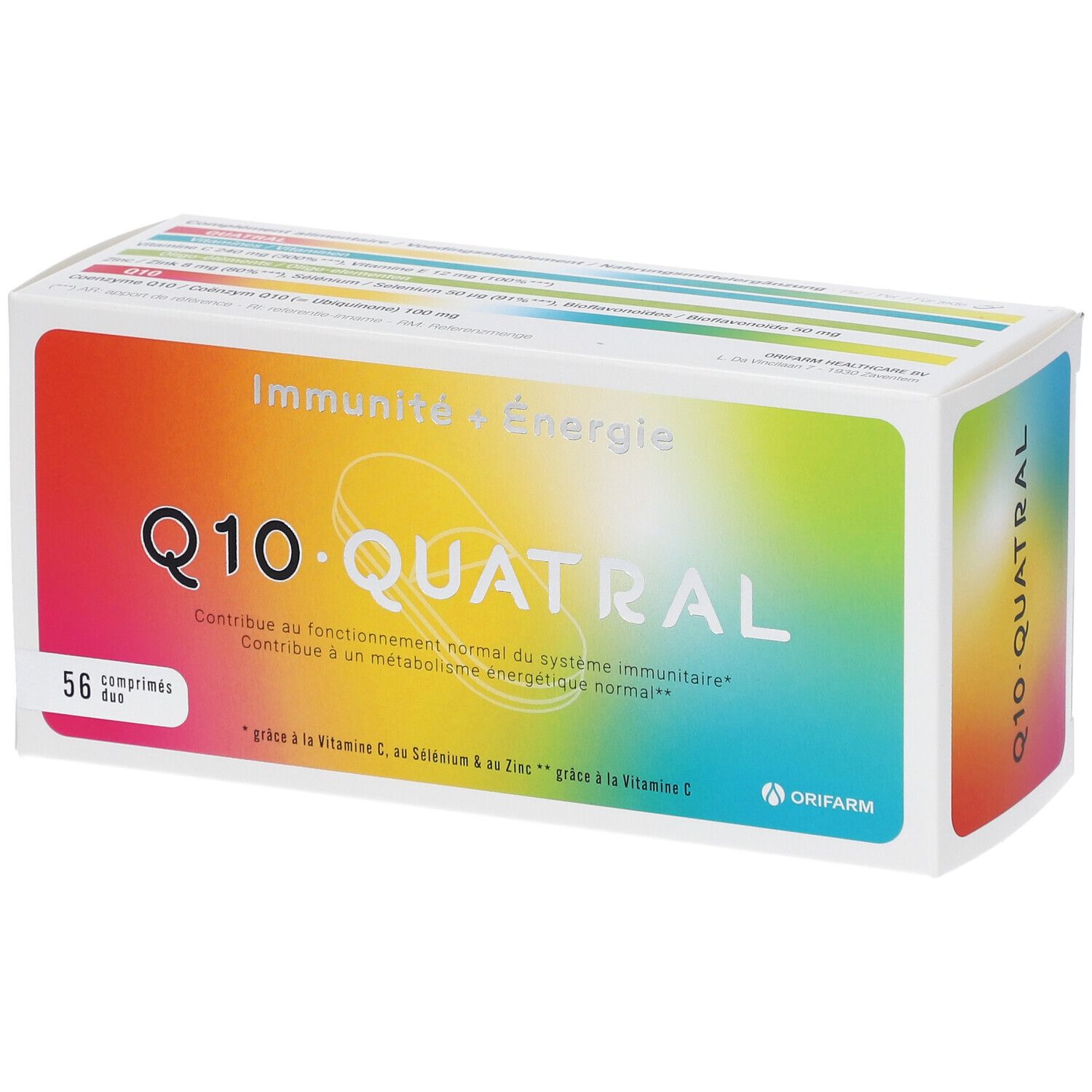 Boîte de Q10 Quatral, 56 comprimés. Inscription : Immunité + Énergie. Marque : Orifarm.