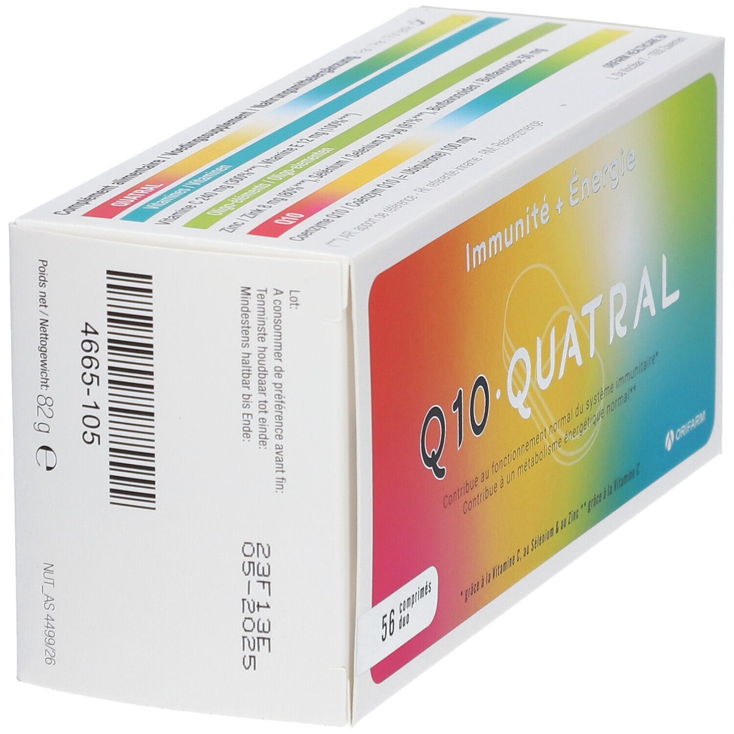 Boîte Q10 Quatral, 56 comprimés. Inscription : Immunité + Énergie. Marque : Orifarm. Vue latérale.