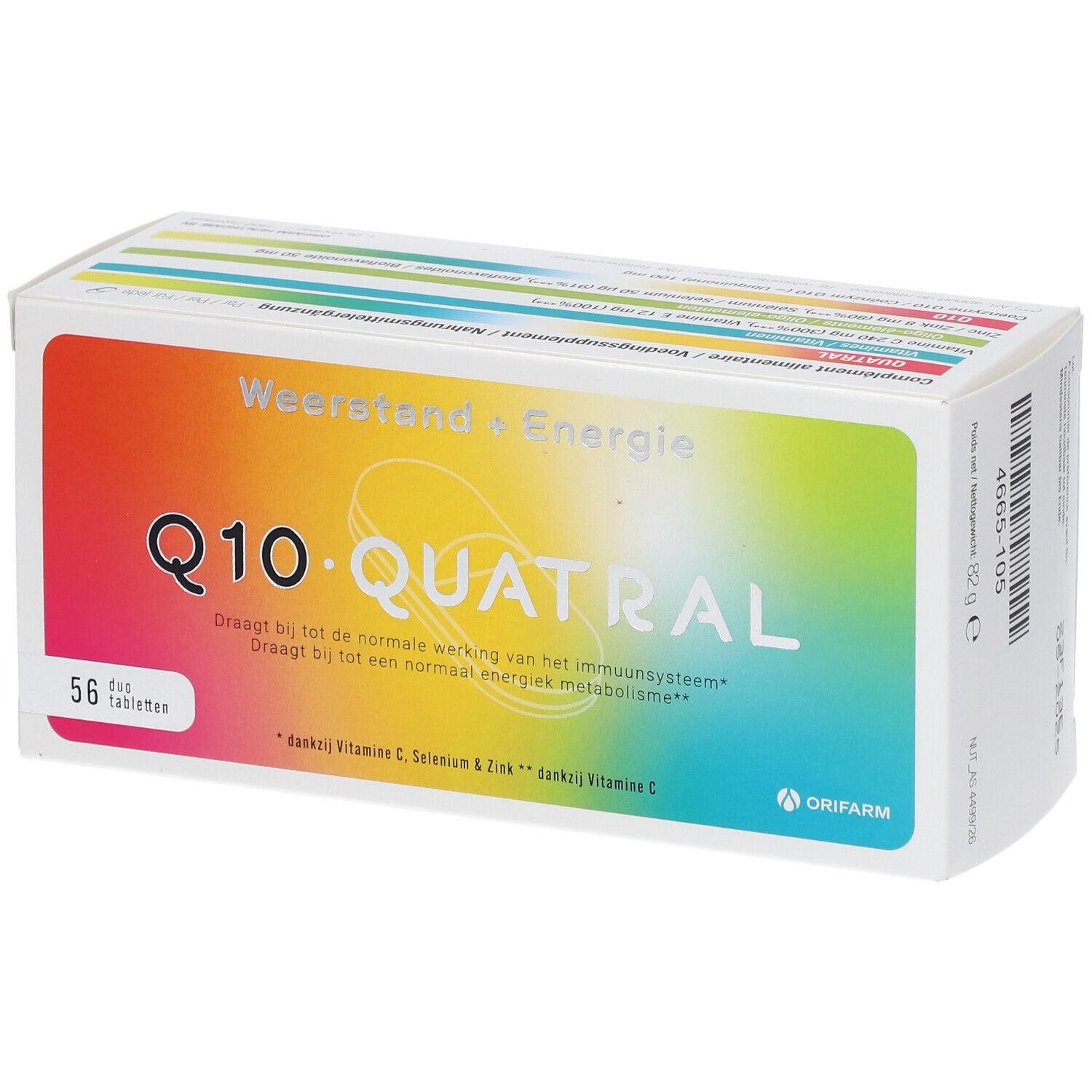 Boîte de Q10 Quatral, 56 comprimés. Inscription : Résistance + Énergie. Marque : Orifarm.