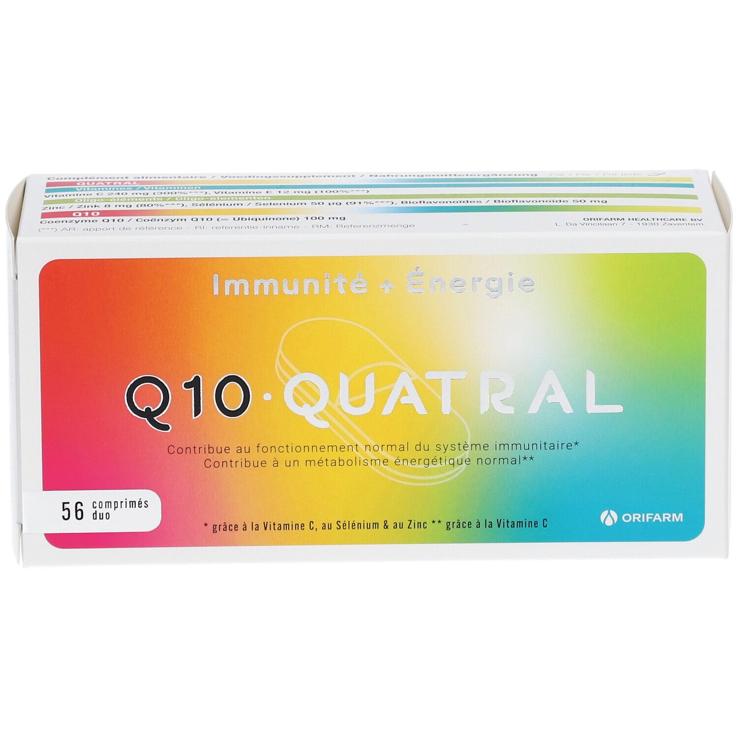 Boîte de Q10 Quatral, 56 comprimés. Inscription : Immunité + Énergie. Marque : Orifarm.
