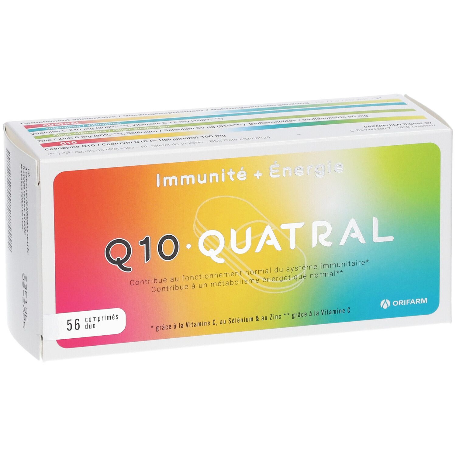 Boîte de Q10 Quatral, 56 comprimés. Inscription : Immunité + Énergie. Marque : Orifarm.