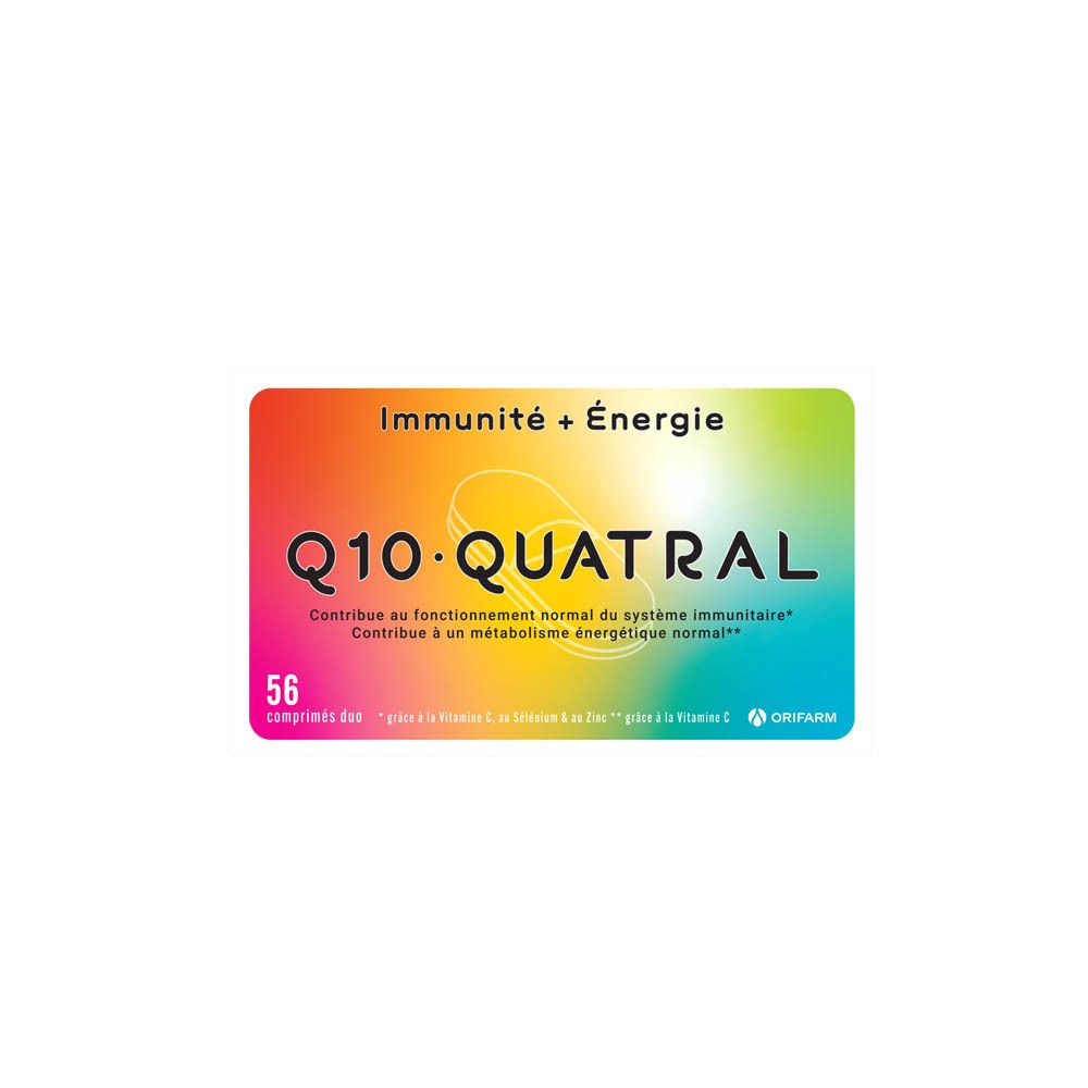 Boîte Q10 Quatral, 56 comprimés. Inscription : Immunité + Énergie. Marque : Orifarm.