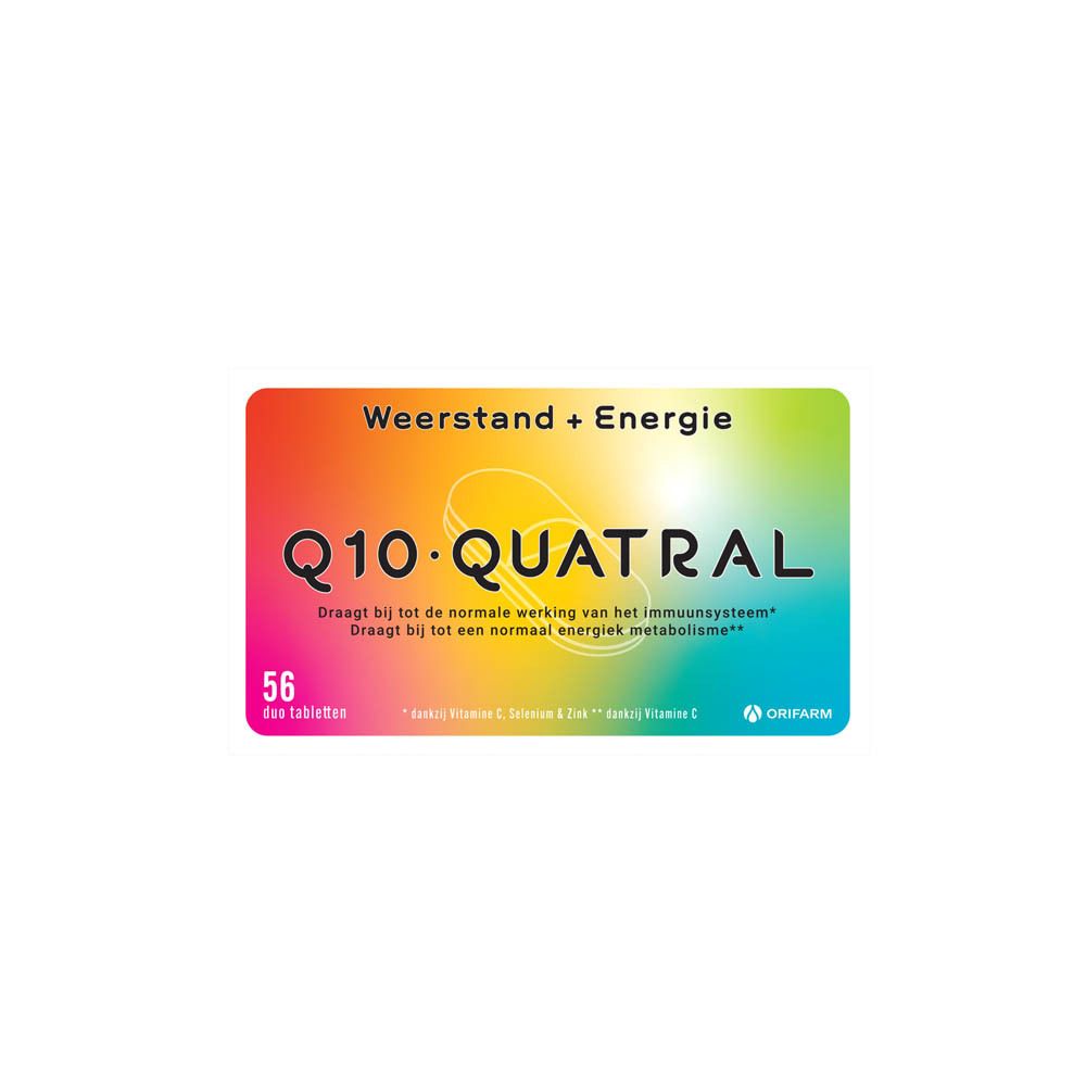 Verpakking Q10 Quatral, 56 tabletten. Opschrift: Weerstand + Energie. Merk: Orifarm.