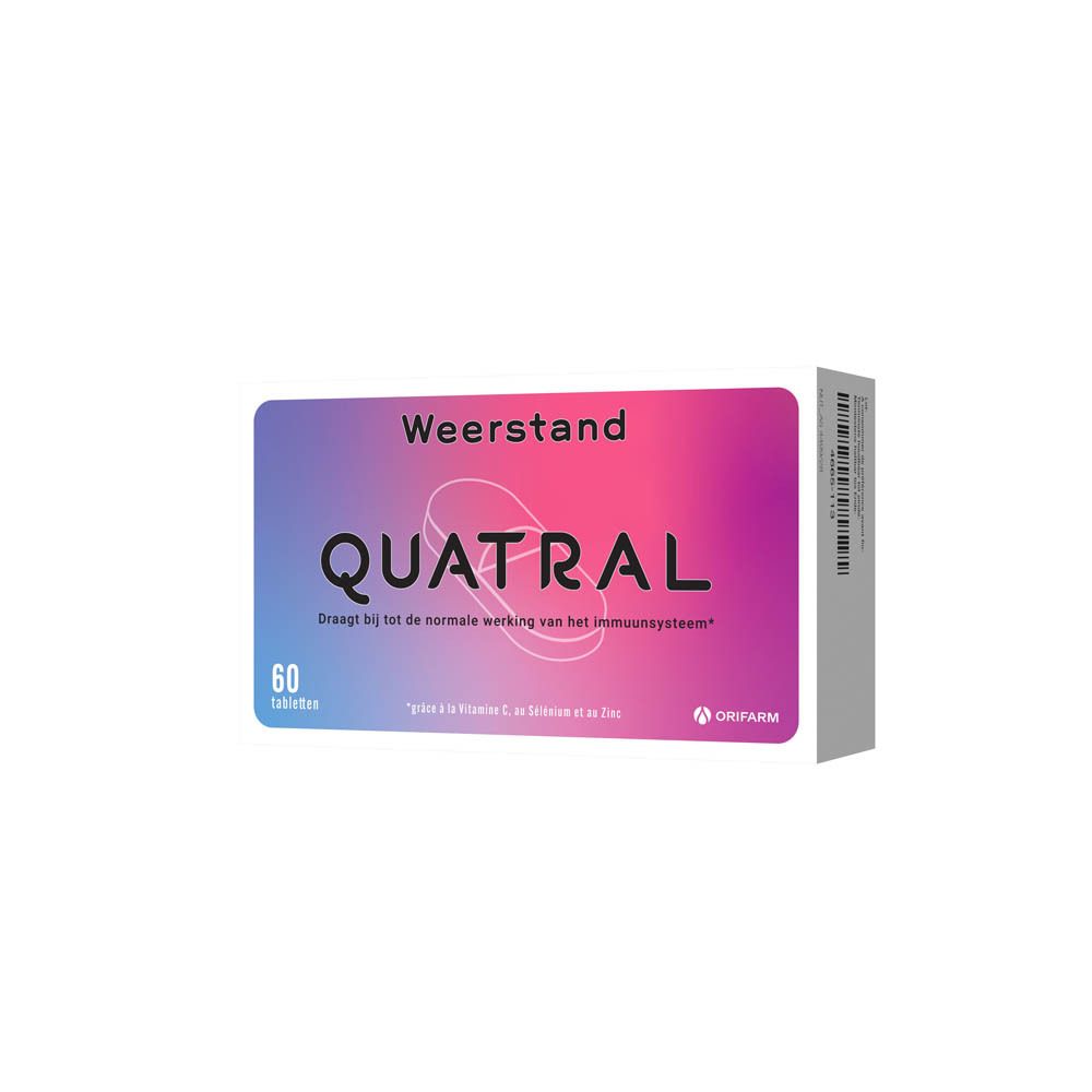 Quatral-verpakking. Opschrift: Weerstand. Bevat 60 tabletten. Merk: Orifarm.