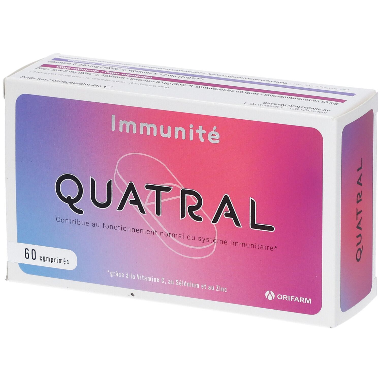 Doosje Quatral-tabletten. Opschrift: Immuniteit. Bevat 60 tabletten. Merk: Orifarm.