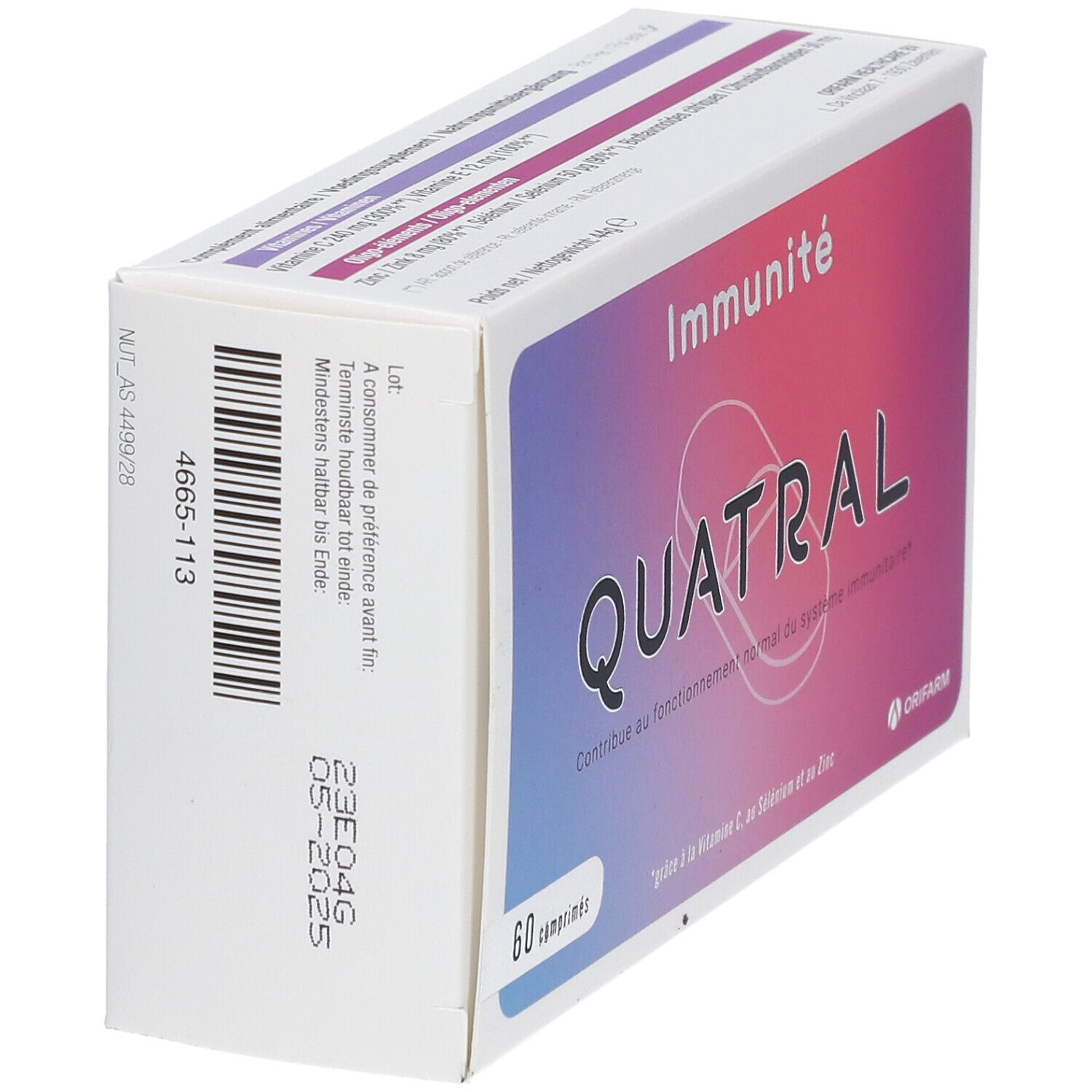 Doosje Quatral-tabletten. Opschrift: Immuniteit. Bevat 60 tabletten. Merk: Orifarm.