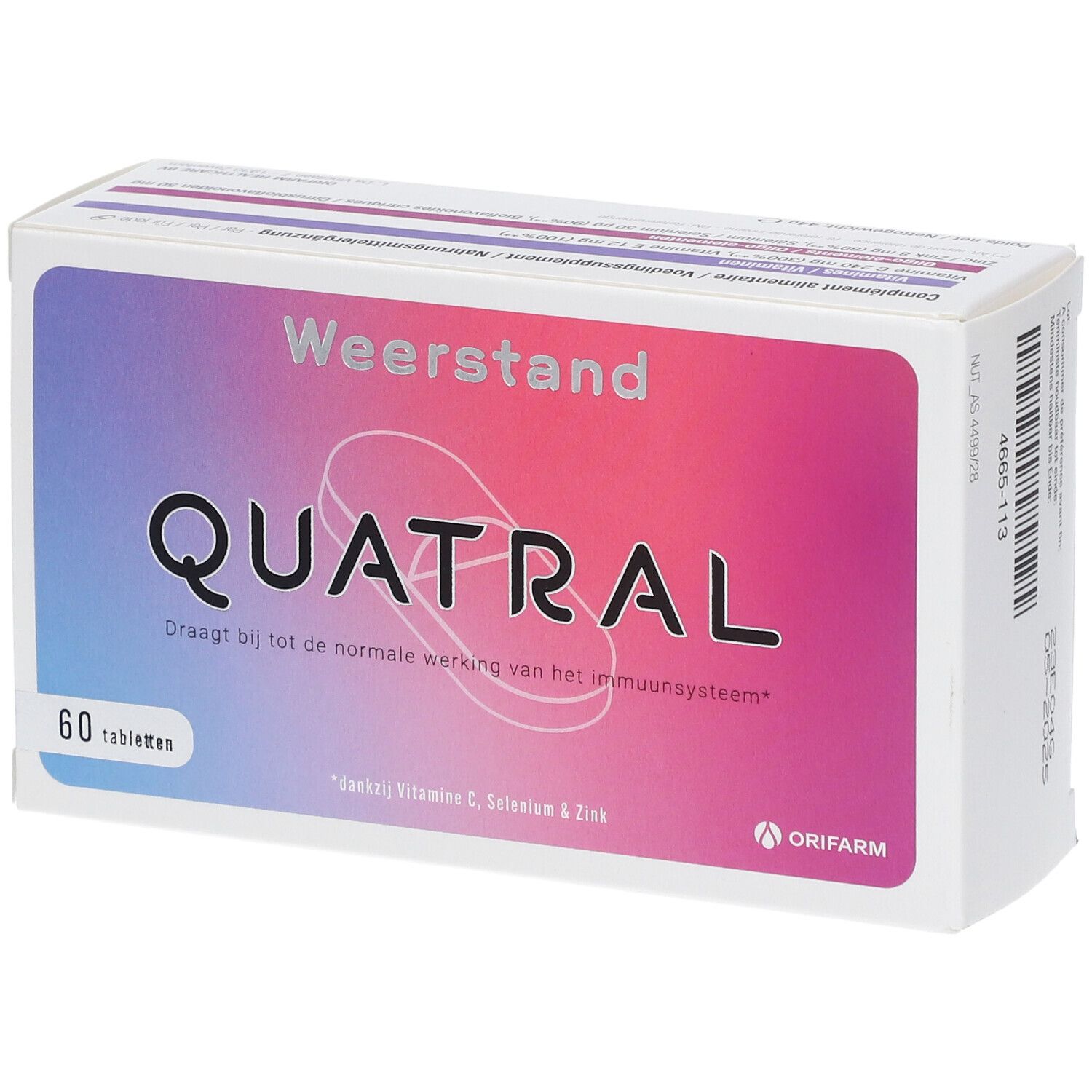 Doosje Quatral-tabletten. Opschrift: Weerstand. Bevat 60 tabletten. Merk: Orifarm.