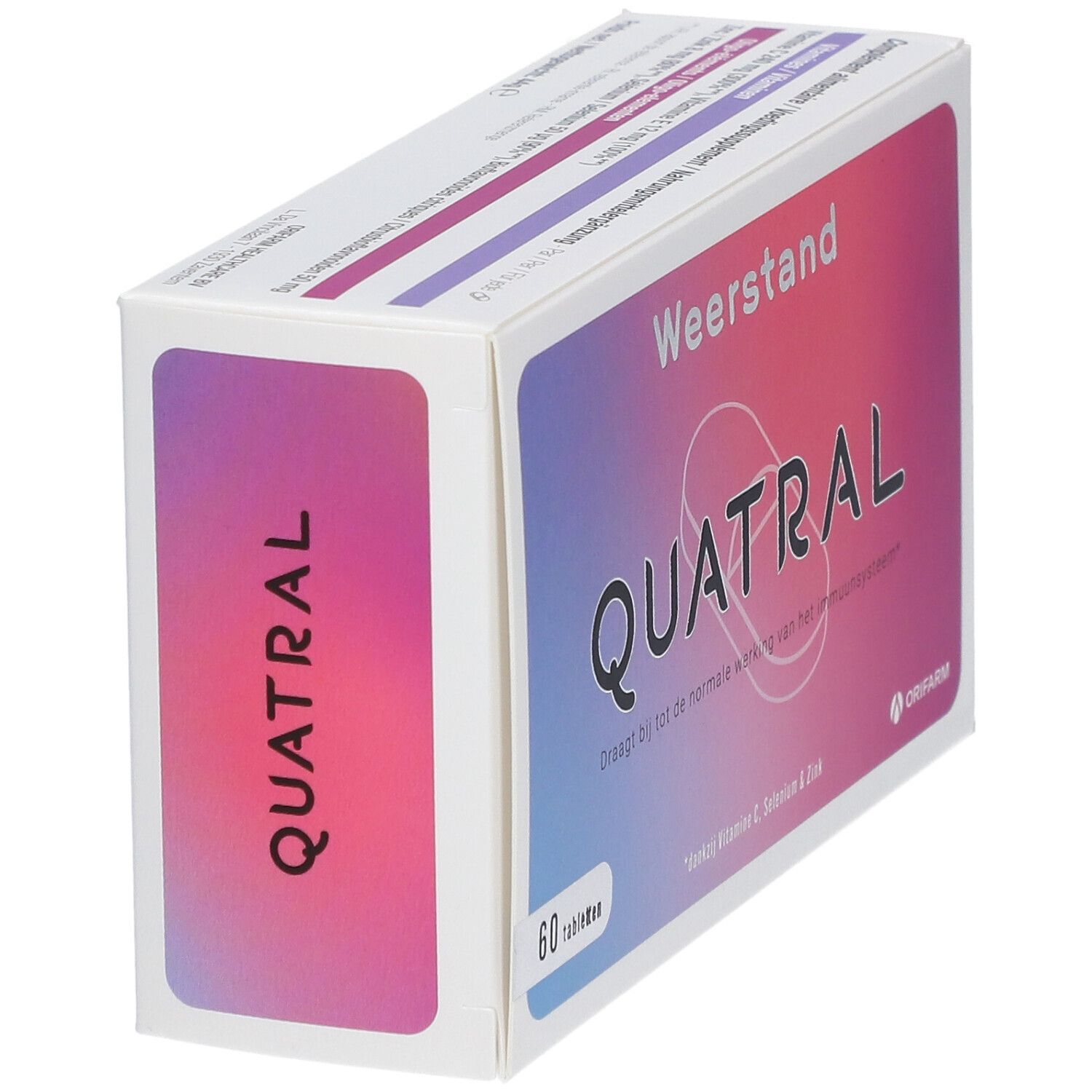 Doosje Quatral-tabletten. Opschrift: Weerstand. Bevat 60 tabletten. Merk: Orifarm.