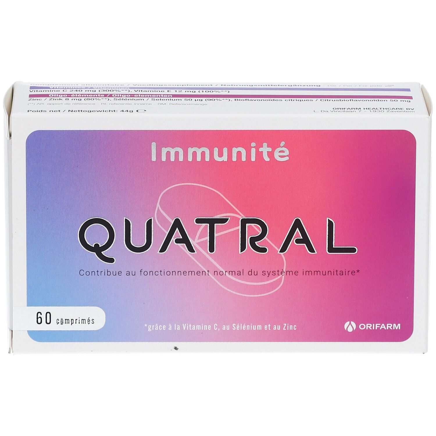Doosje Quatral-tabletten. Opschrift: Immuniteit. Bevat 60 tabletten. Merk: Orifarm.