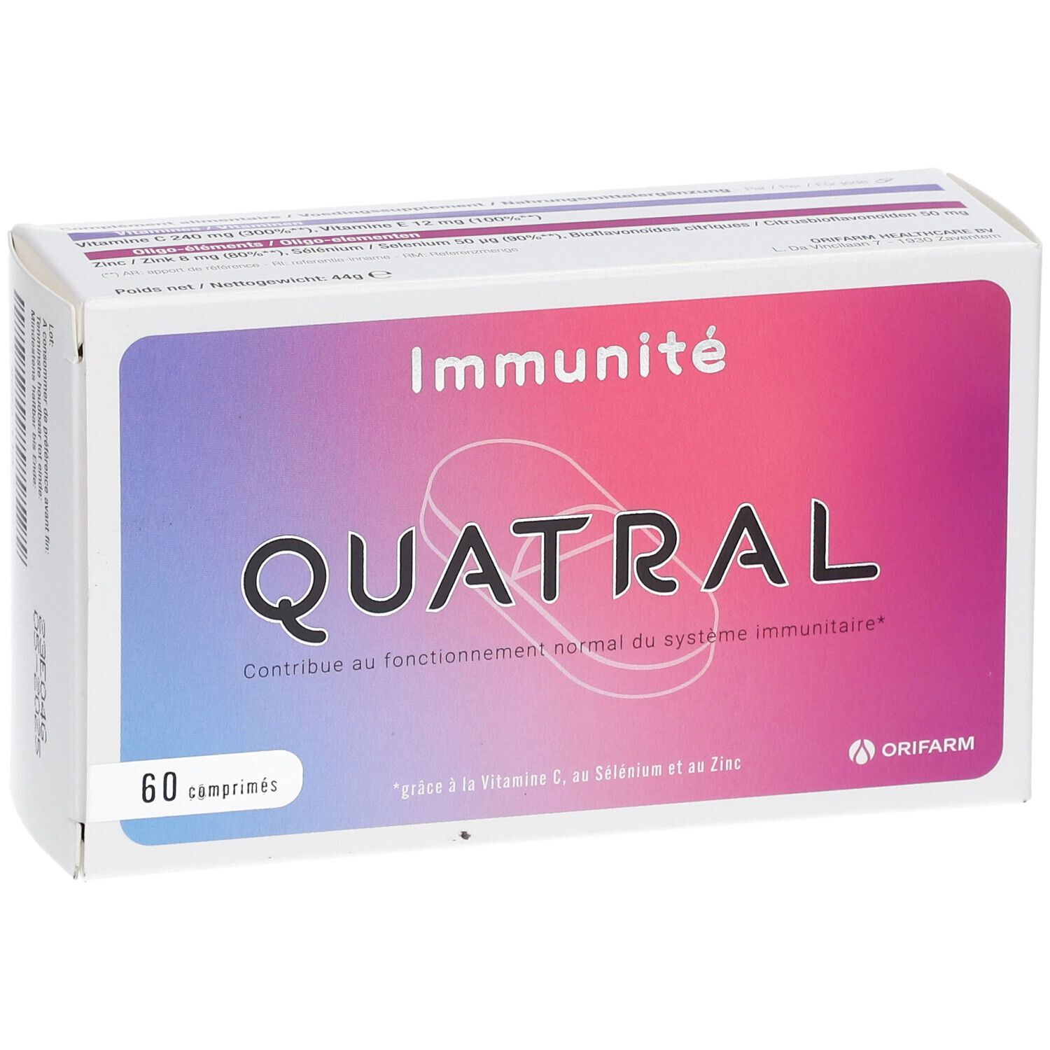 Doosje Quatral-tabletten. Opschrift: Immuniteit. Bevat 60 tabletten. Merk: Orifarm.