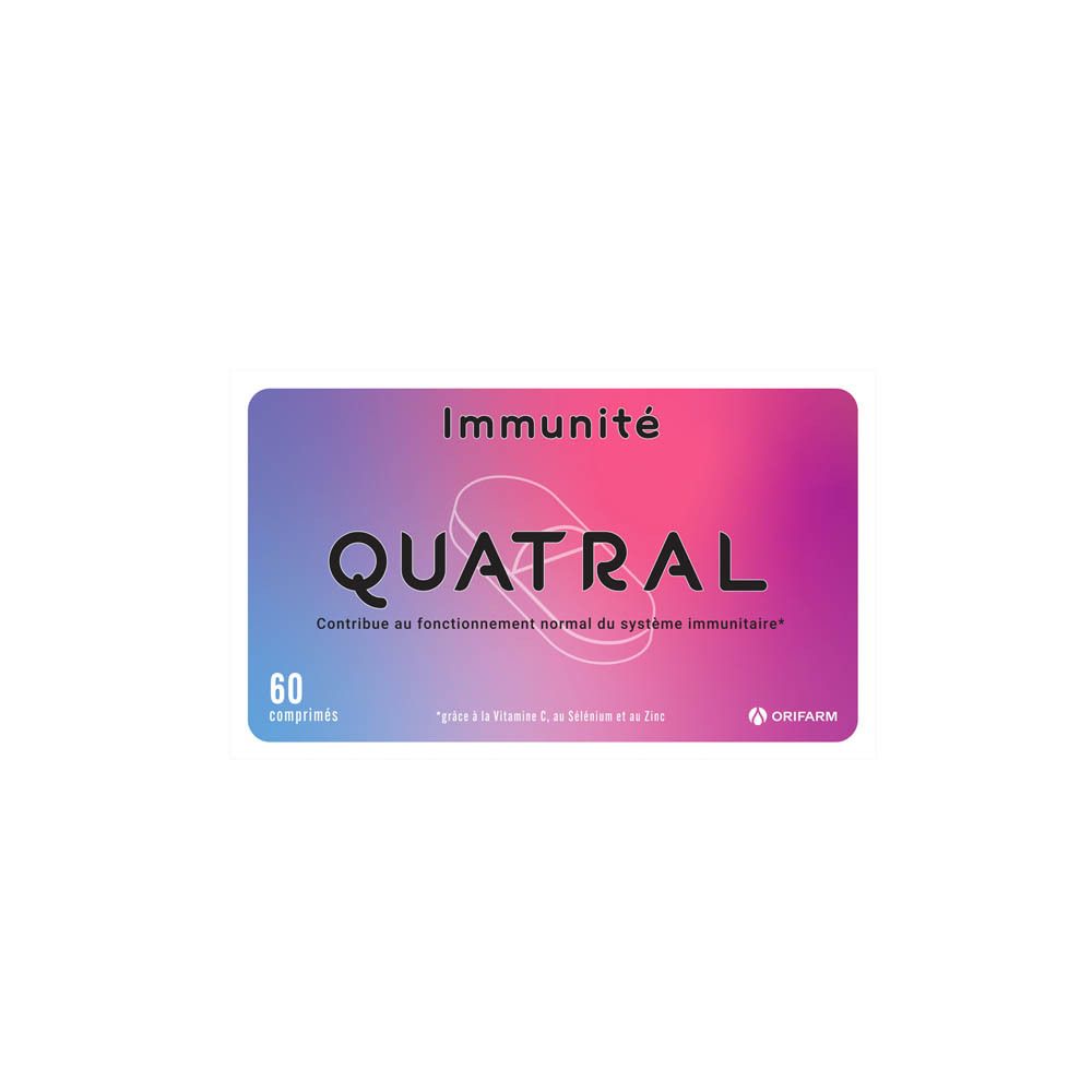 Emballage Quatral. Inscription : Immunité. Contient 60 comprimés. Marque : Orifarm.