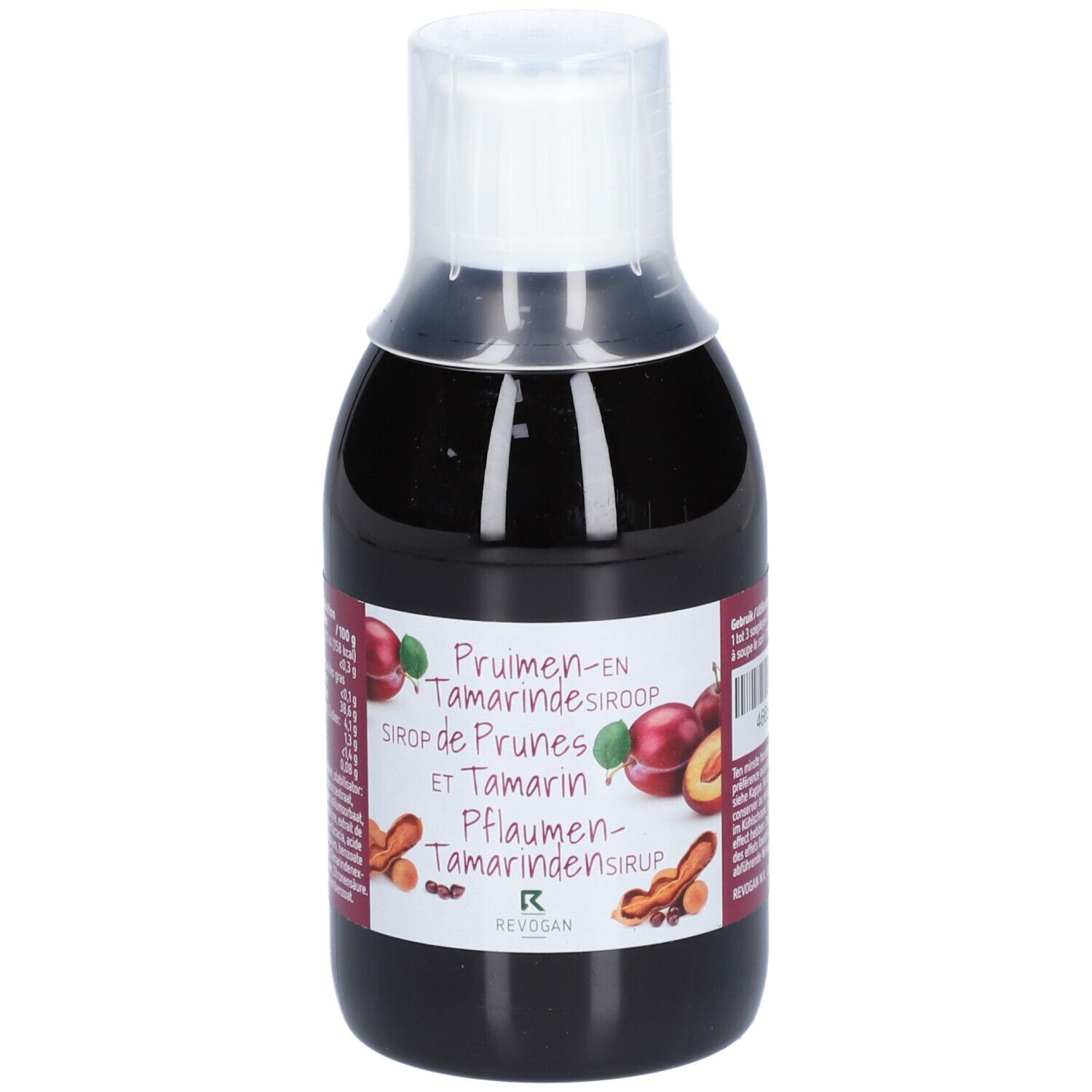 Bruine fles met witte dop. Etiket met productnaam en illustraties van pruimen en tamarinde.