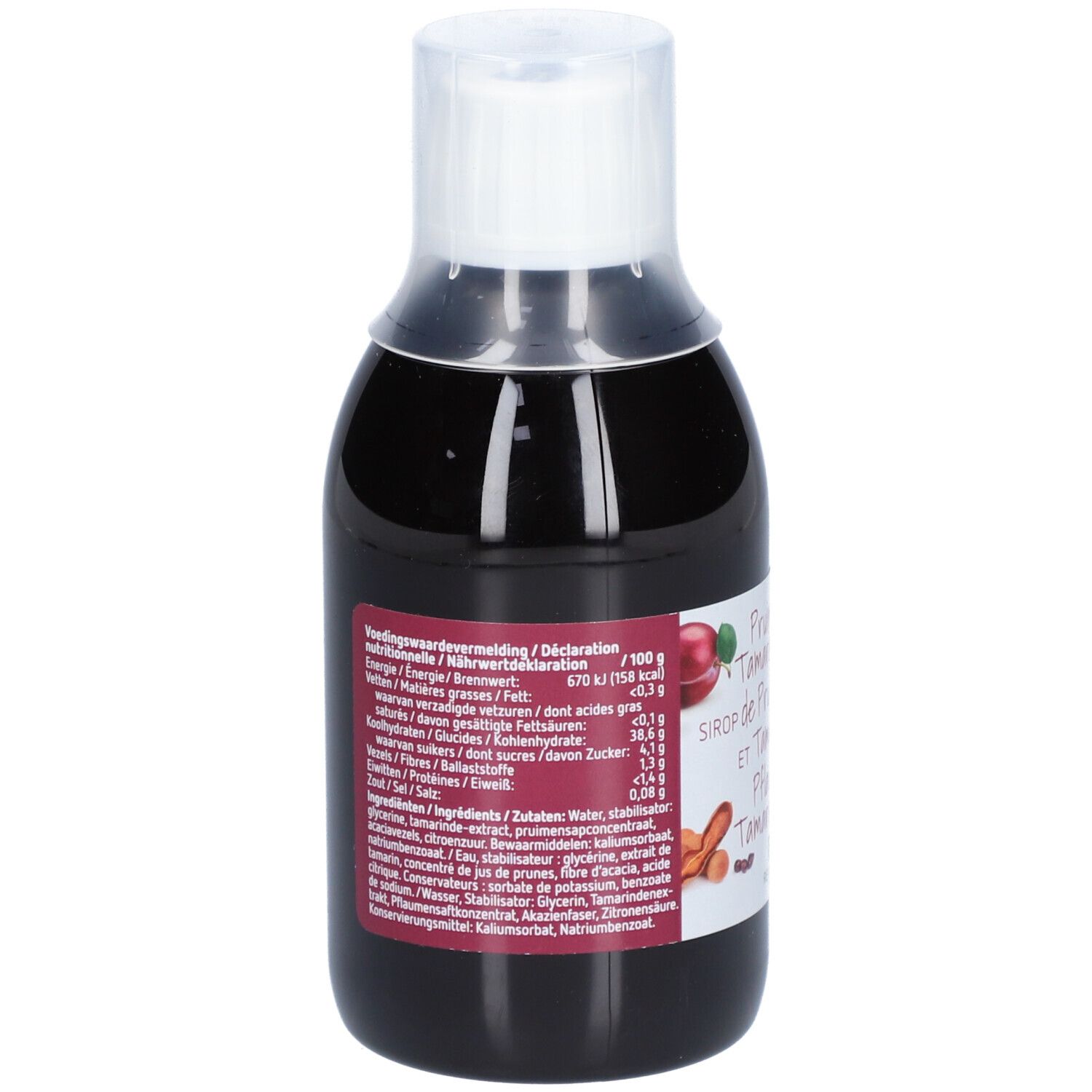 Achterkant van de bruine fles. Etiket met voedingswaarde en ingrediëntenlijst. Witte dop.