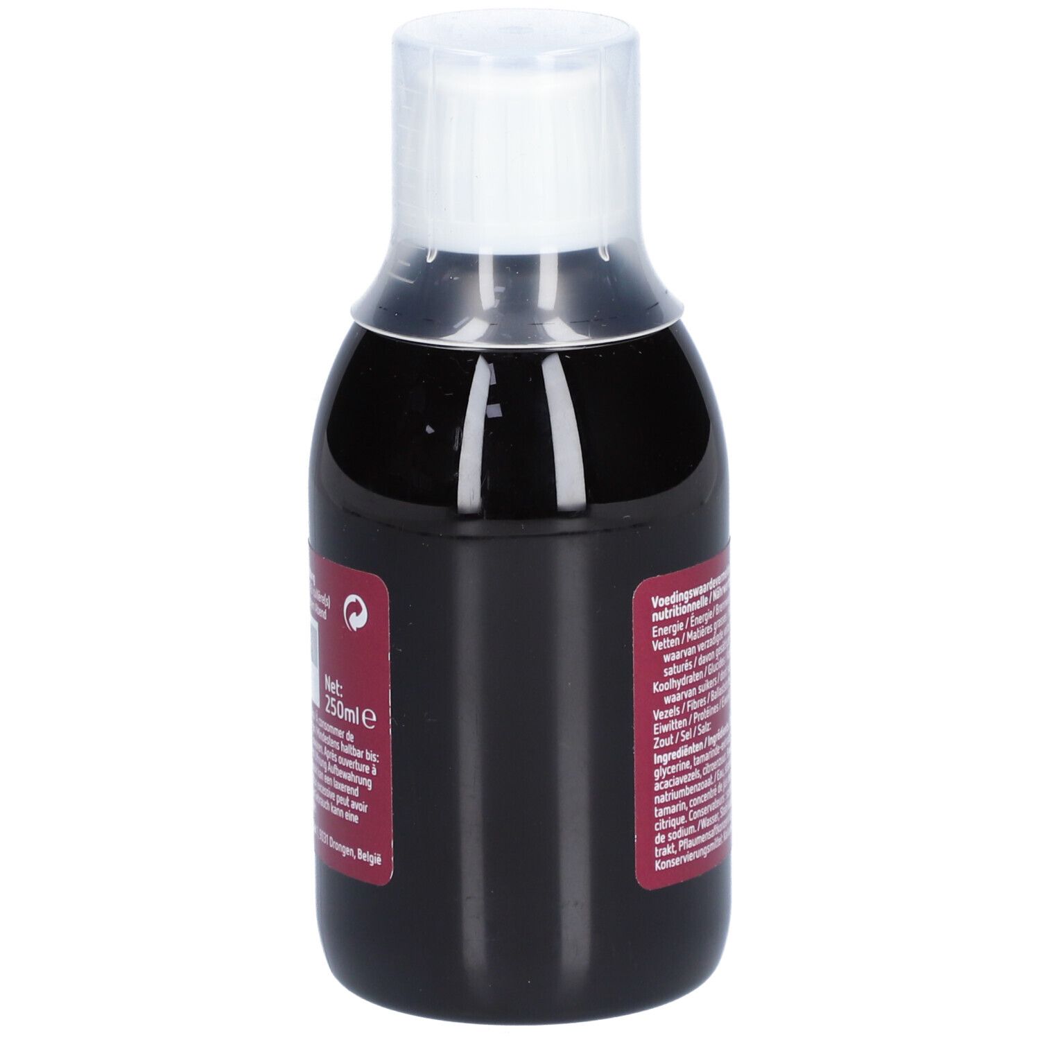 Bruine fles met witte dop. Etiket met voedingswaarde en ingrediënten. 250ml.