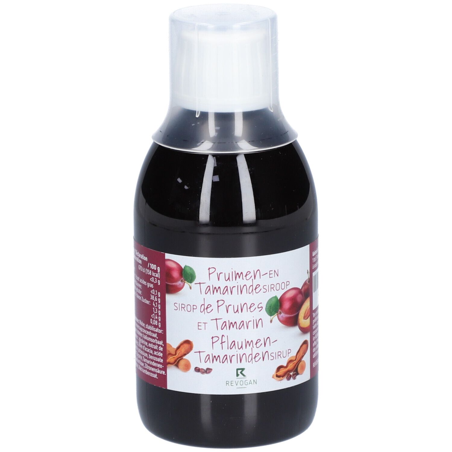 Bruine fles met witte dop. Etiket met productnaam en illustraties van pruimen en tamarinde.