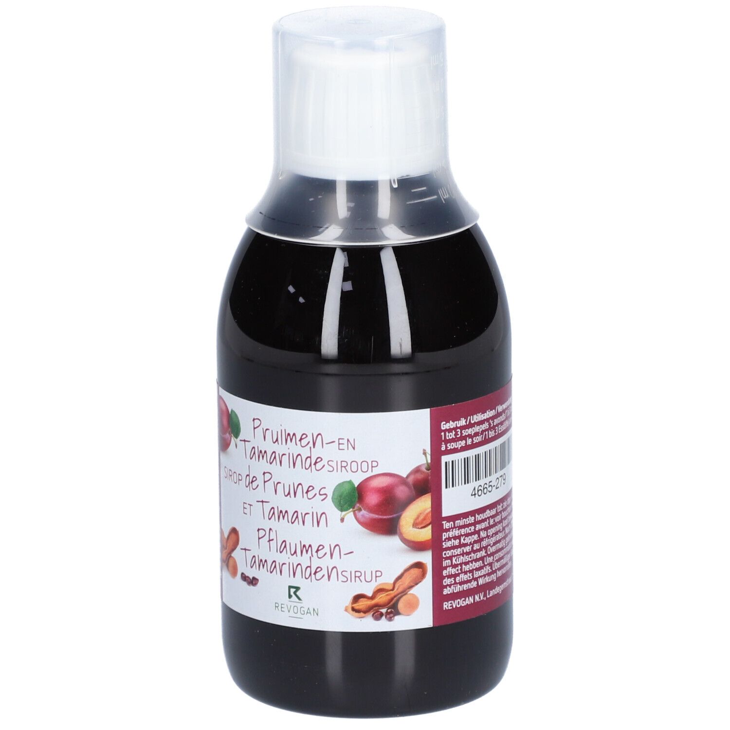 Bruine fles met witte dop. Etiket met productnaam, illustraties en doseringsinstructies.