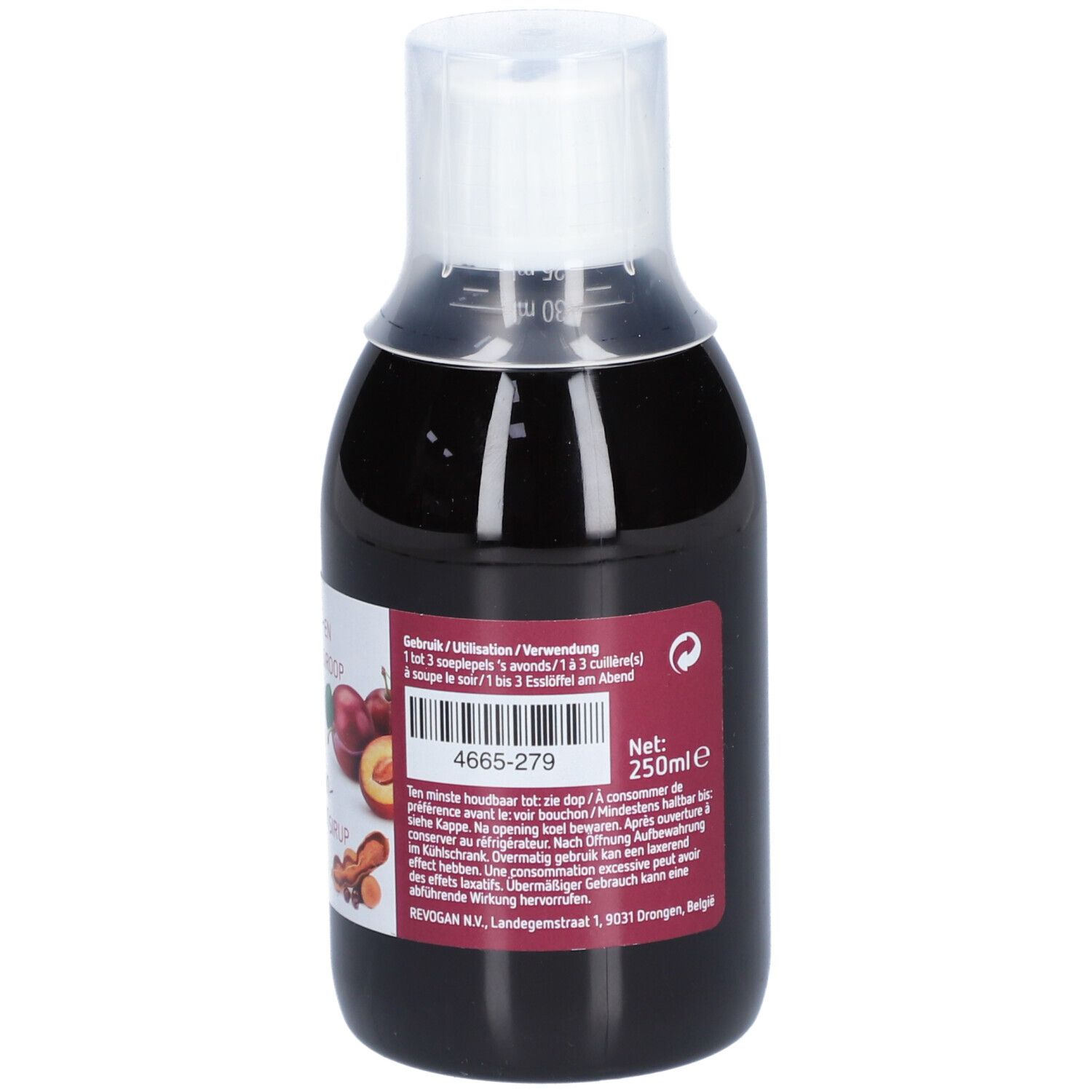 Bruine fles met witte dop. Etiket met productinfo, dosering en fabrikantenadres. 250ml.