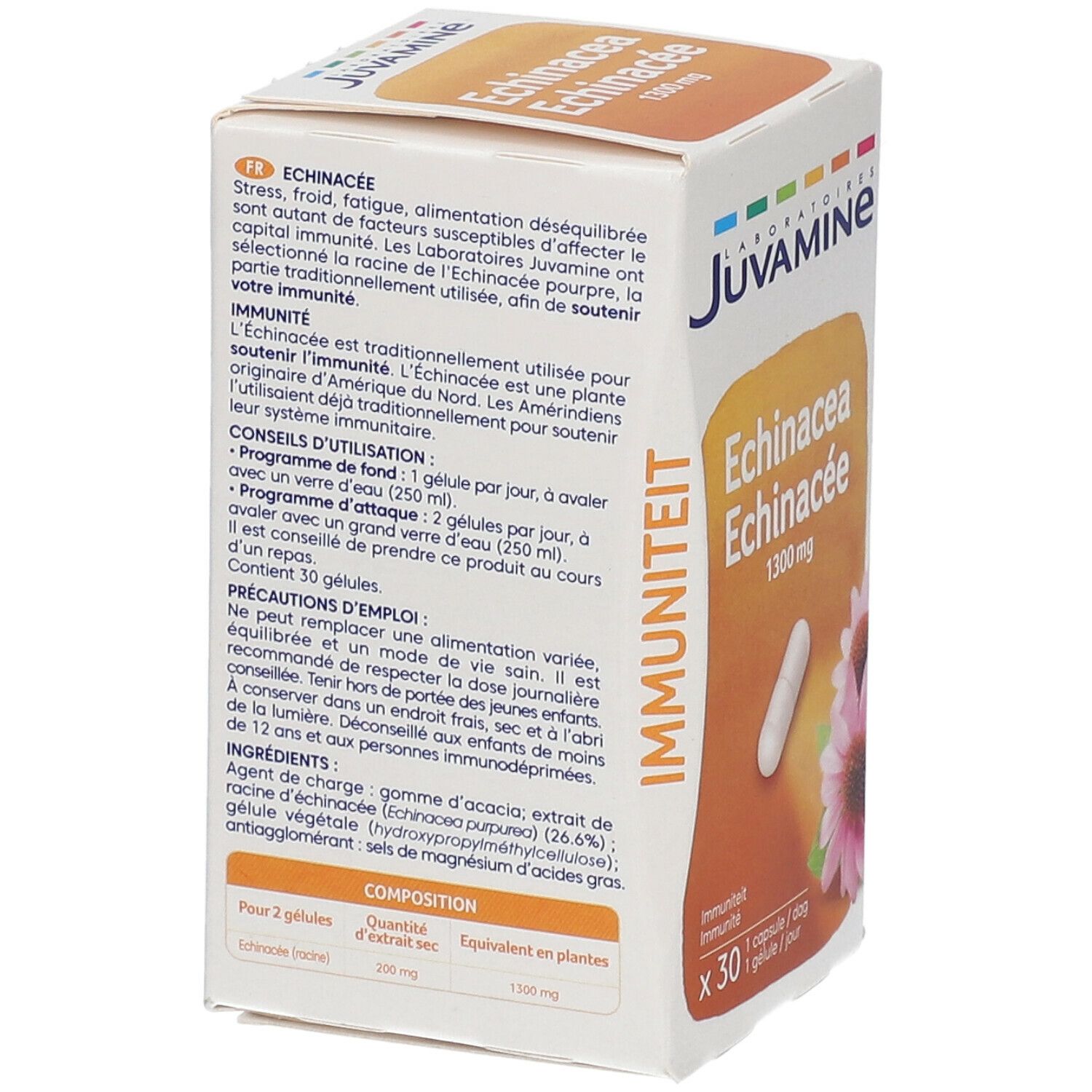 Dos de la boîte avec texte. Inscription: Juvamine, Echinacea. Contient 30 gélules. Ingrédients et instructions d'utilisation.