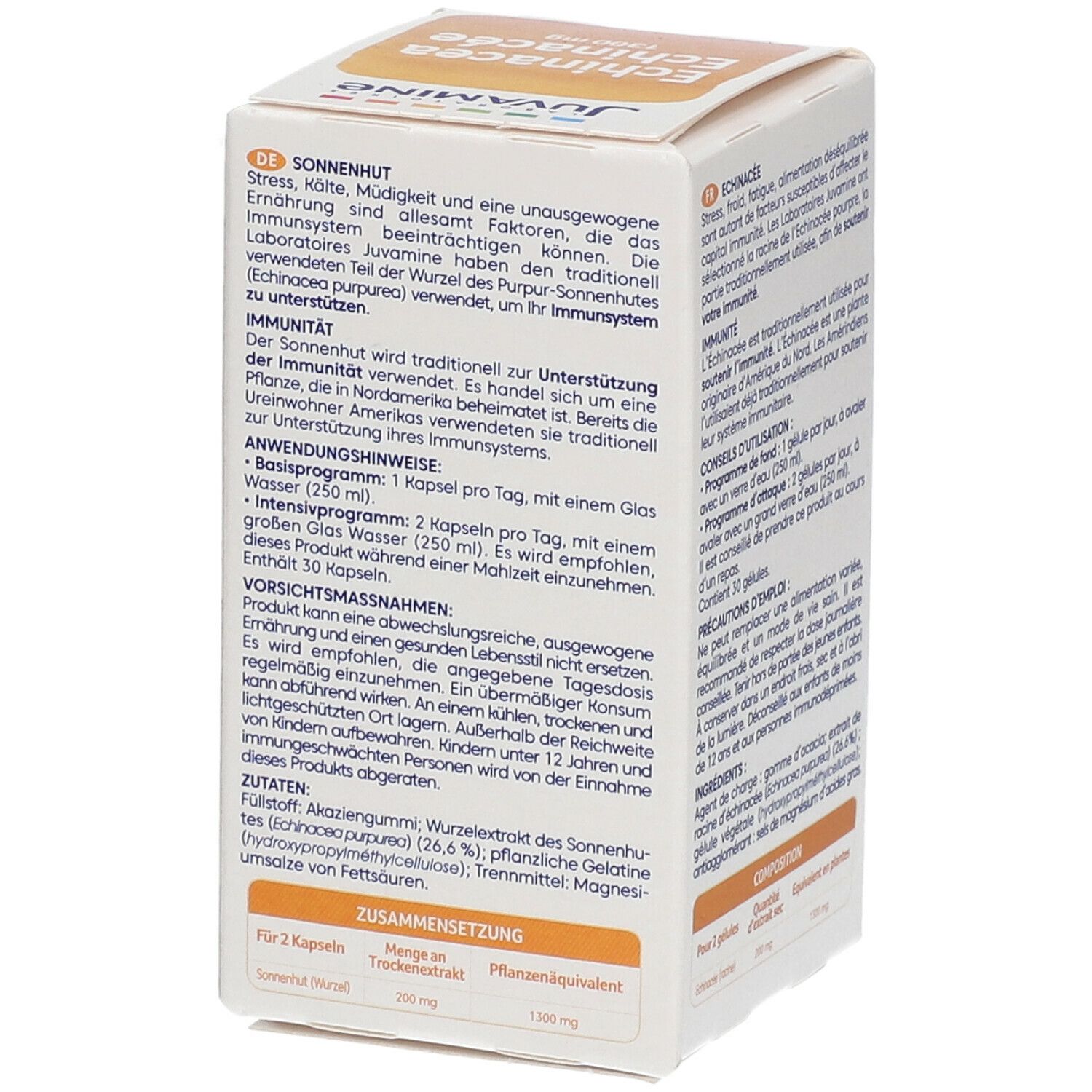 Dos de la boîte avec texte. Inscription: Juvamine, Echinacea. Contient 30 gélules. Ingrédients et instructions d'utilisation.