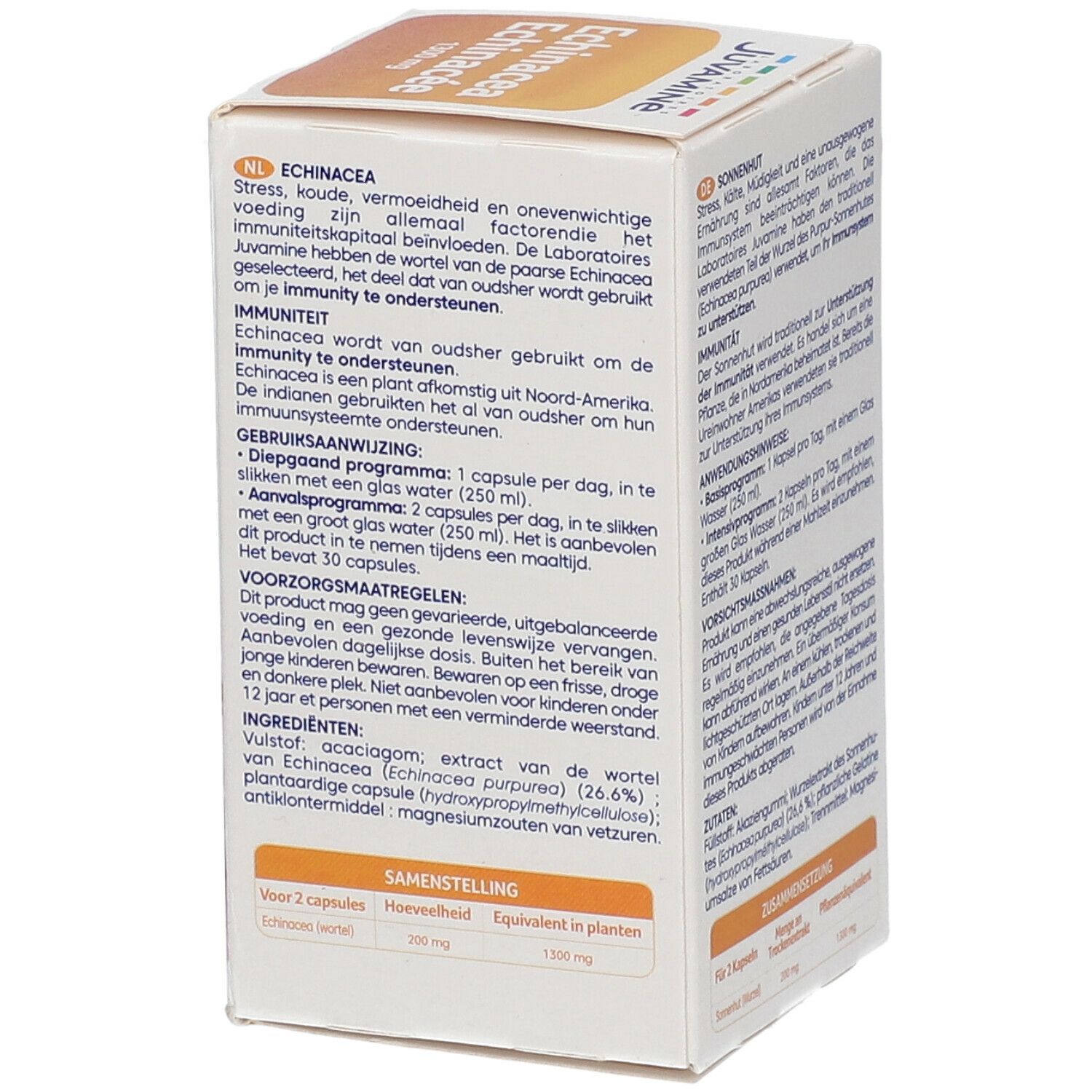 Dos de la boîte avec texte. Inscription: Juvamine, Echinacea. Contient 30 gélules. Ingrédients et instructions d'utilisation.