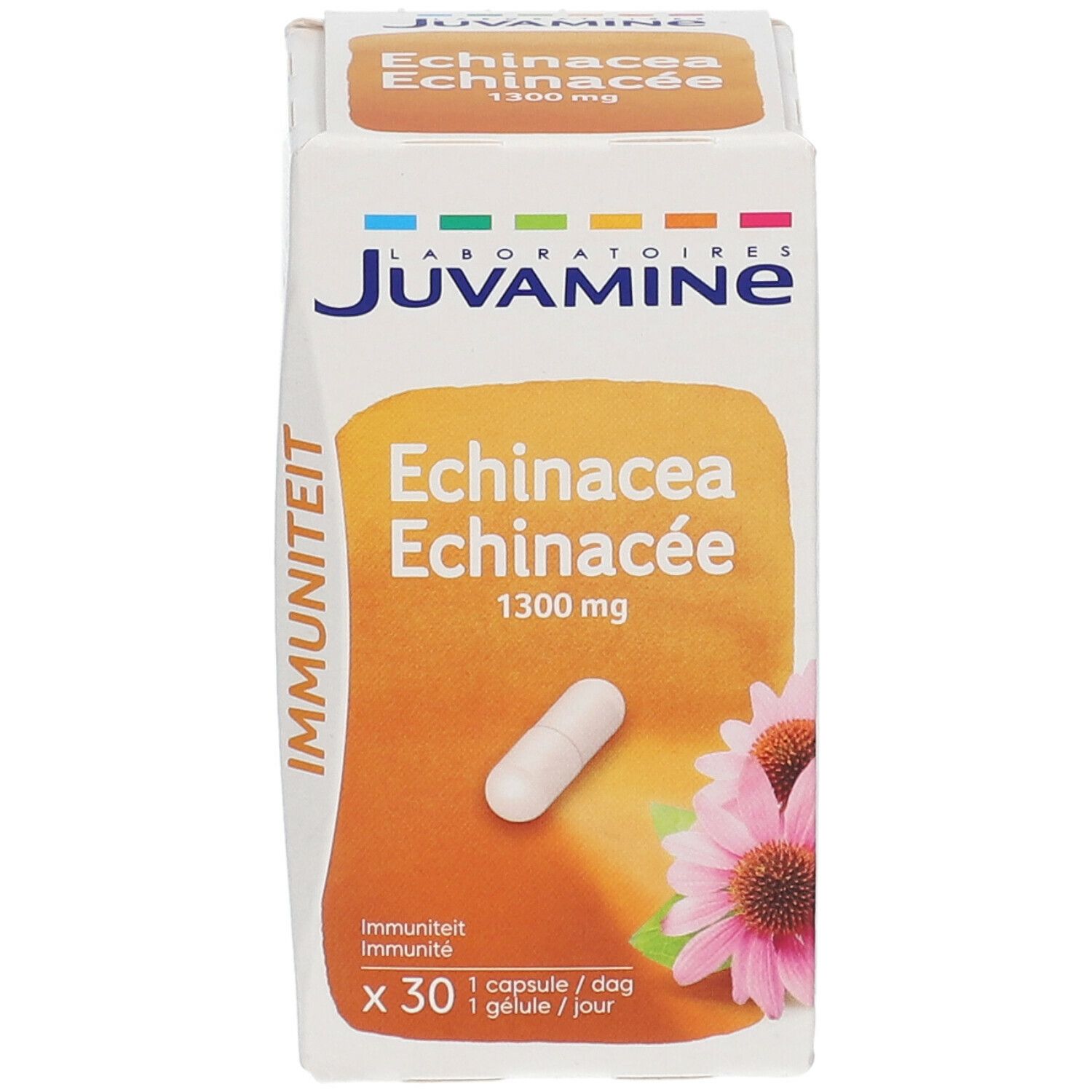 Boîte de gélules d'Echinacée. Inscription: Juvamine, Echinacea 1300 mg. Une gélule est visible. Illustration d'une fleur.