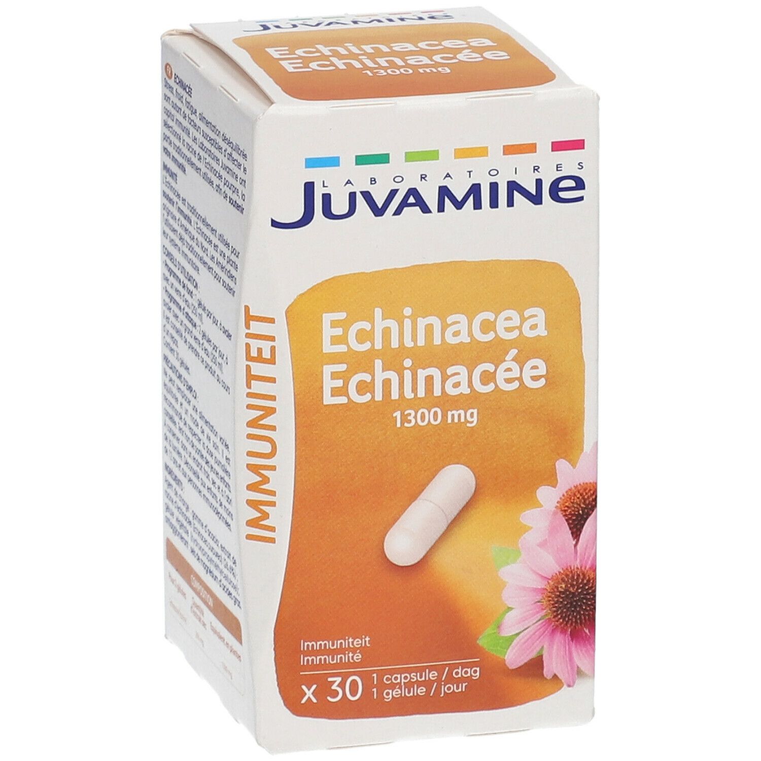 Boîte de gélules d'Echinacée. Inscription: Juvamine, Echinacea 1300 mg. Une gélule est visible. Illustration d'une fleur.