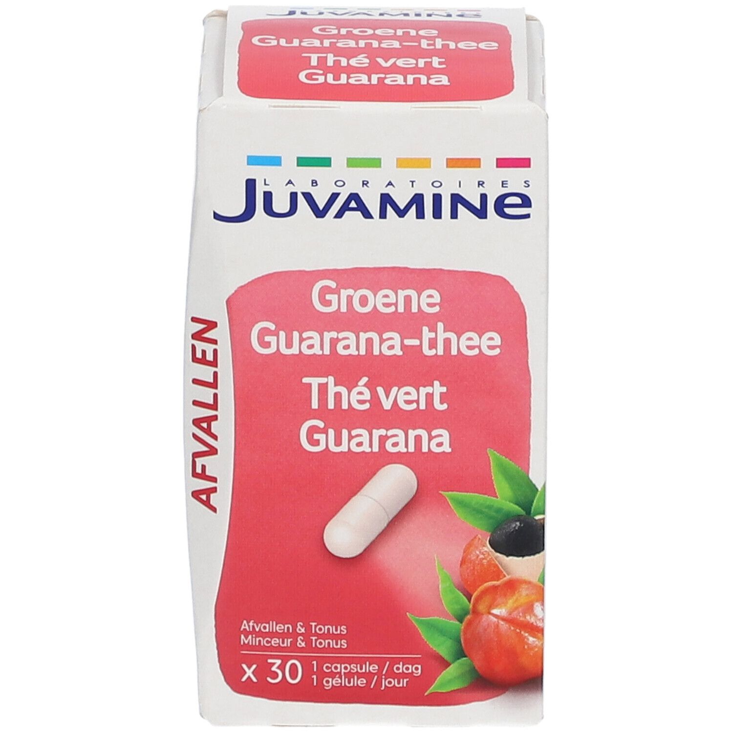 Boîte de gélules. Inscription: Juvamine, Groene Guarana-thee, Thé vert Guarana. Une gélule est visible.