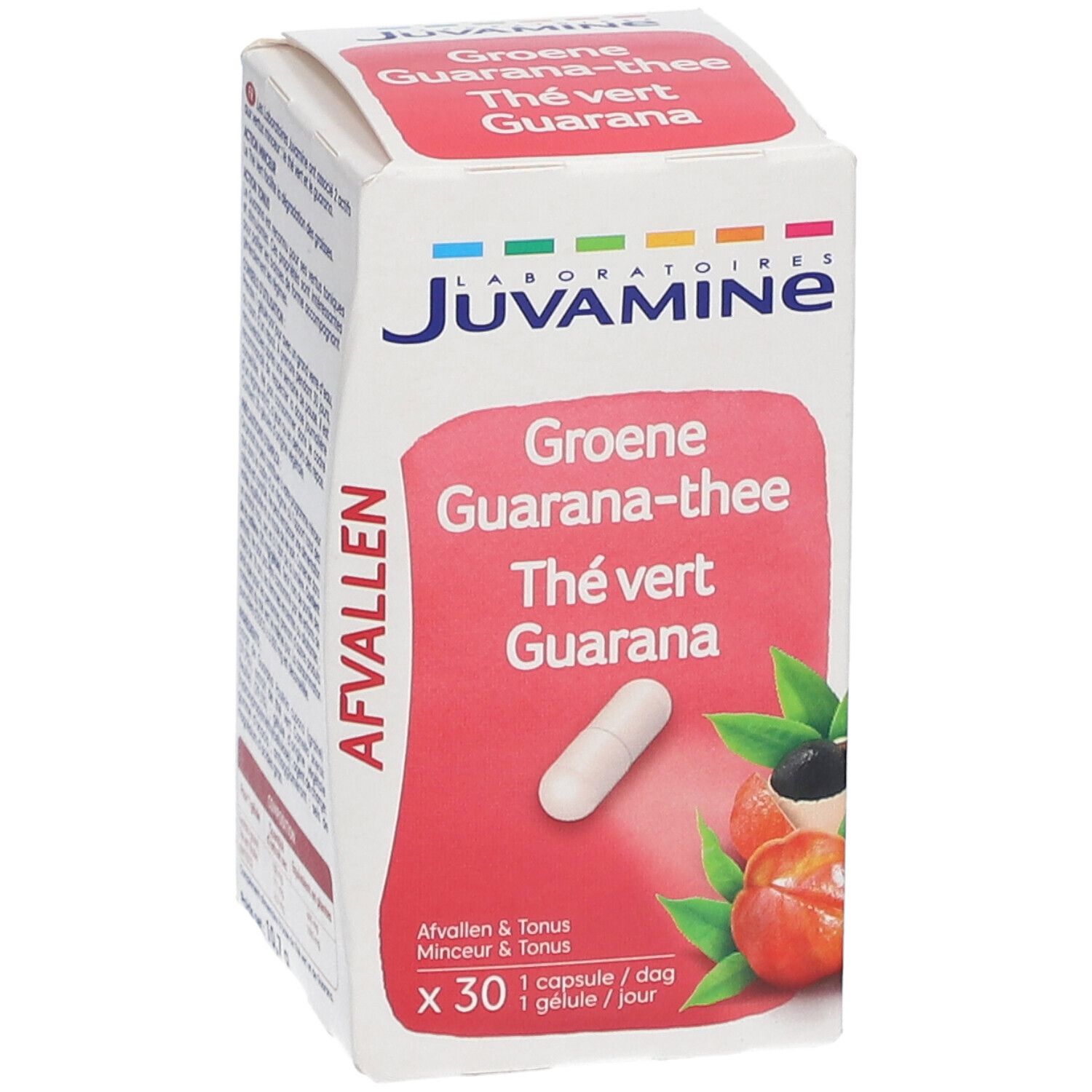 Boîte de gélules. Inscription: Juvamine, Groene Guarana-thee, Thé vert Guarana. Une gélule est visible.