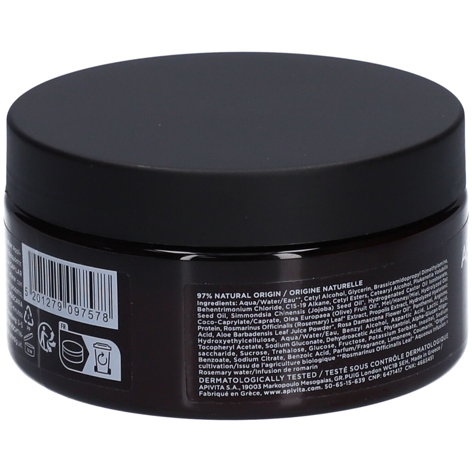 Achterkant van de bruine pot met zwart deksel. Tekst: 97% natuurlijke oorsprong. Ingrediënten, barcode.