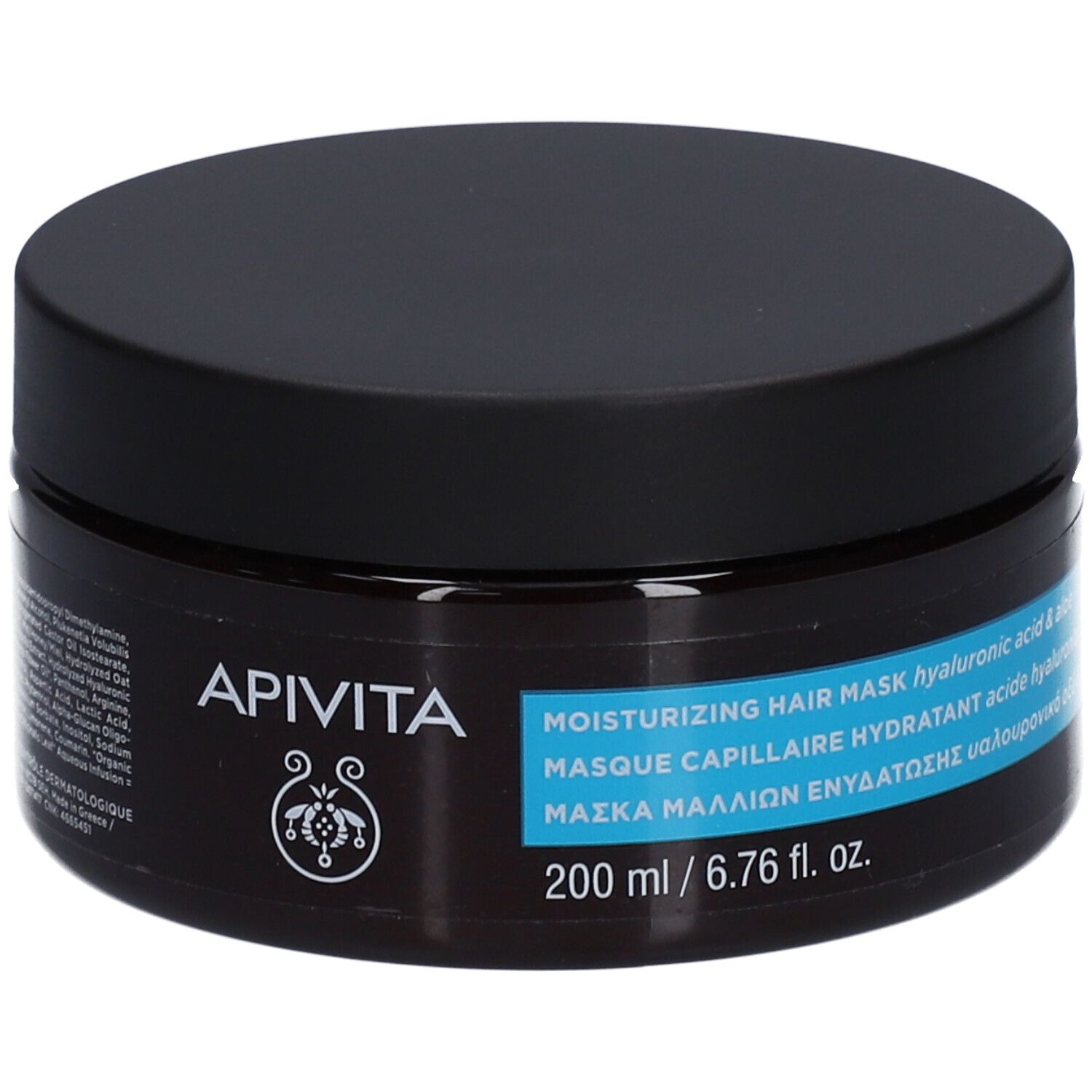 Donkerbruine pot met zwart deksel. Opschrift: APIVITA, Hydraterend haarmasker met hyaluronzuur. 200 ml.
