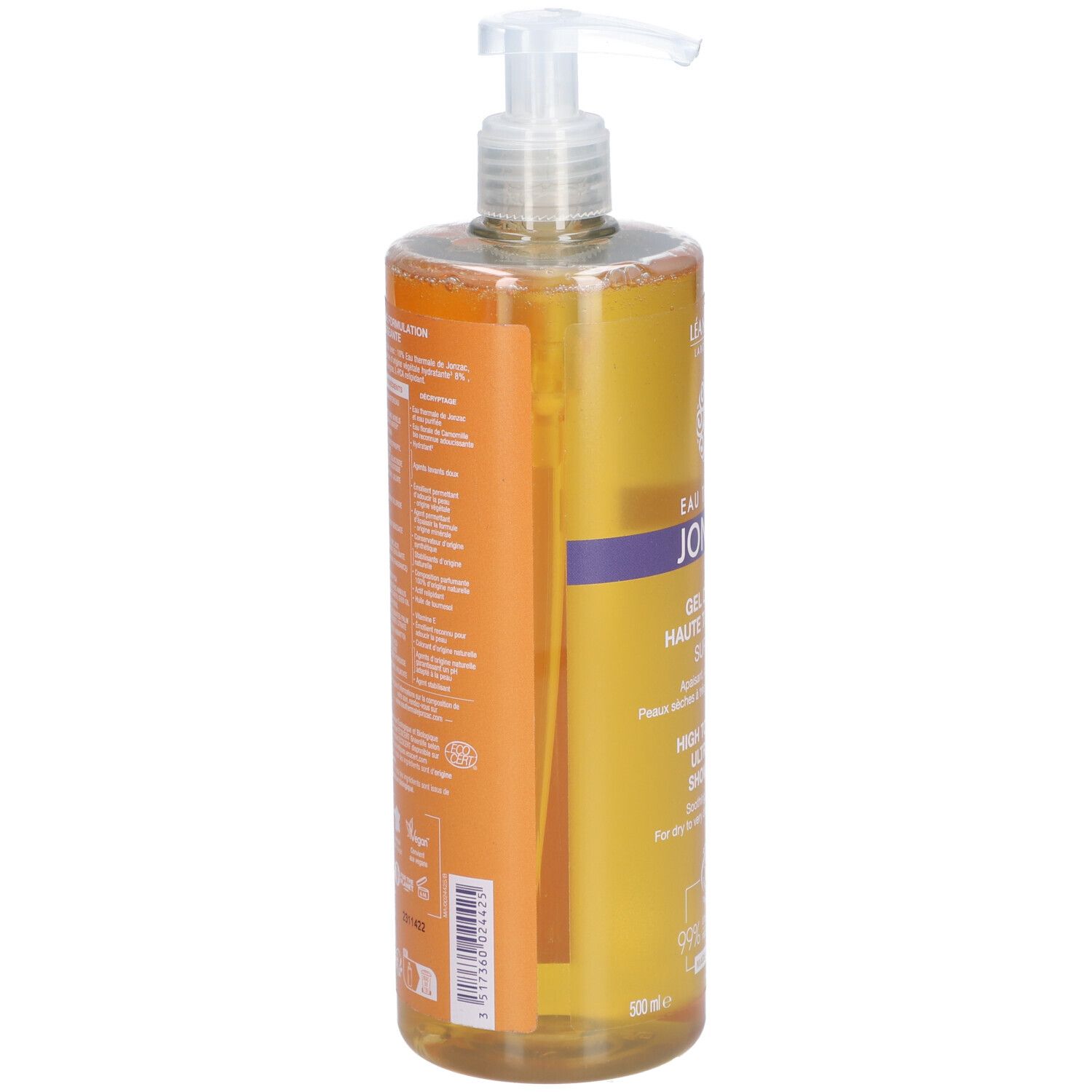 Transparente Flasche mit Dosierpumpe. Aufkleber mit Produktinformationen. Gelbe Flüssigkeit sichtbar.