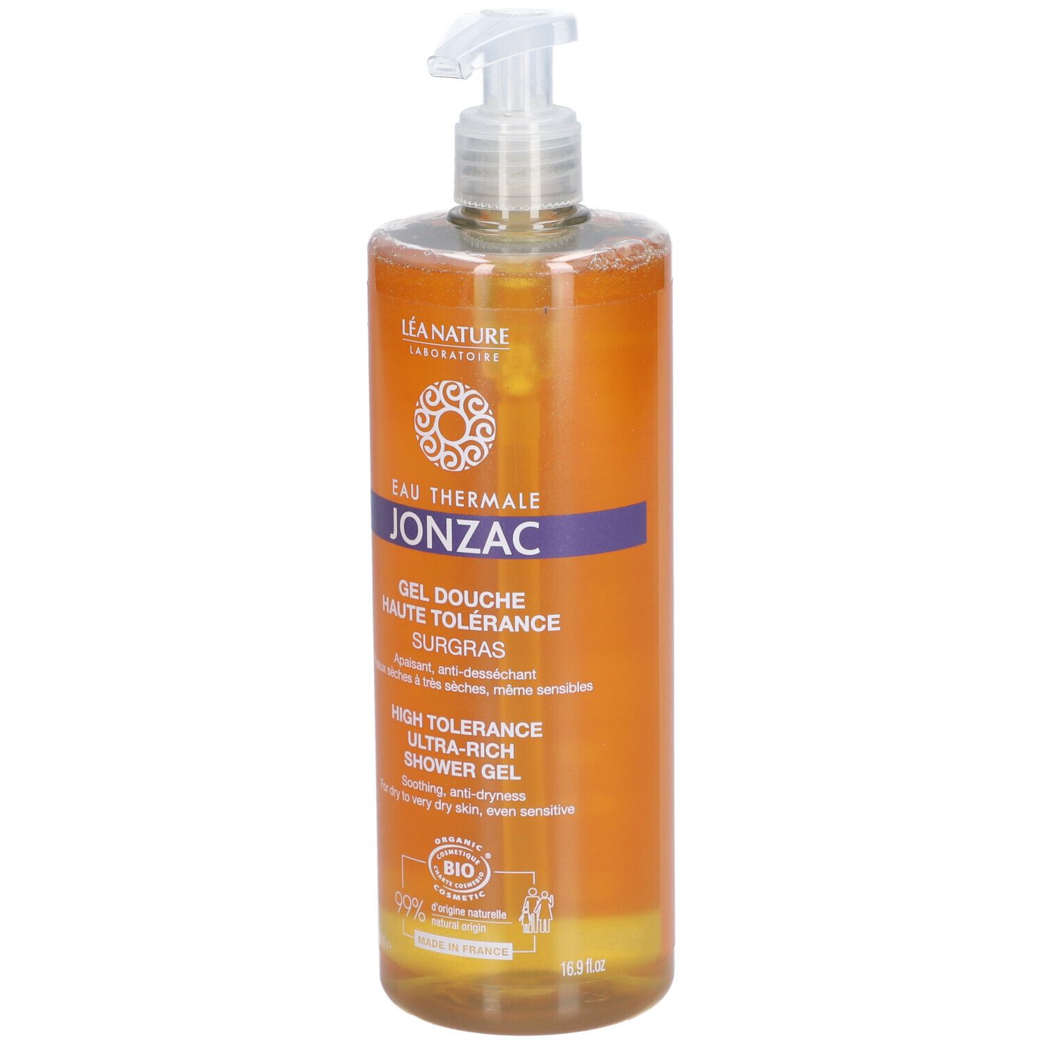 Transparente Flasche mit Dosierpumpe. Produktname und -details auf dem Etikett. Gelbe Flüssigkeit sichtbar.