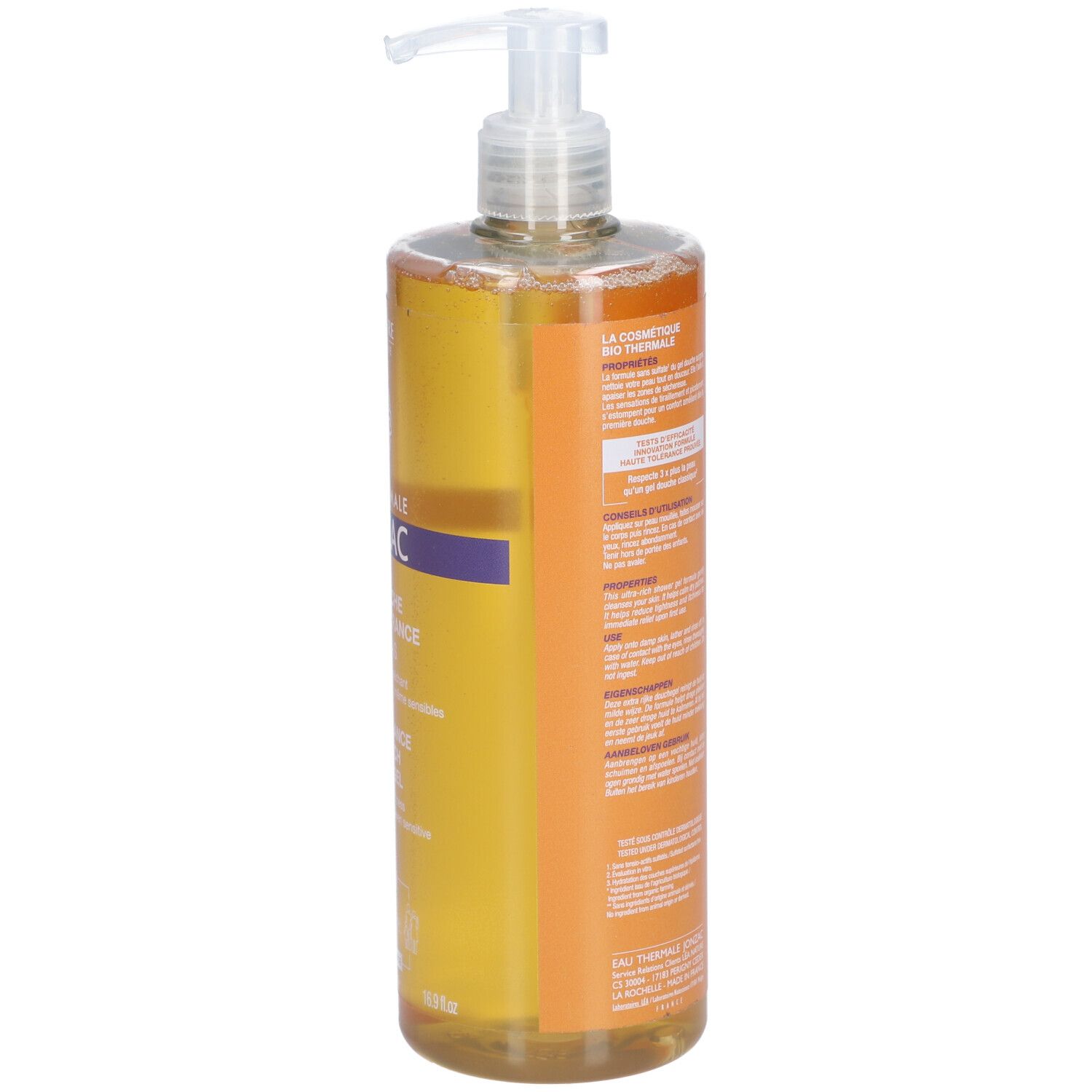 Transparente Flasche mit Dosierpumpe. Produktname und -details auf dem Etikett. Gelbe Flüssigkeit sichtbar.