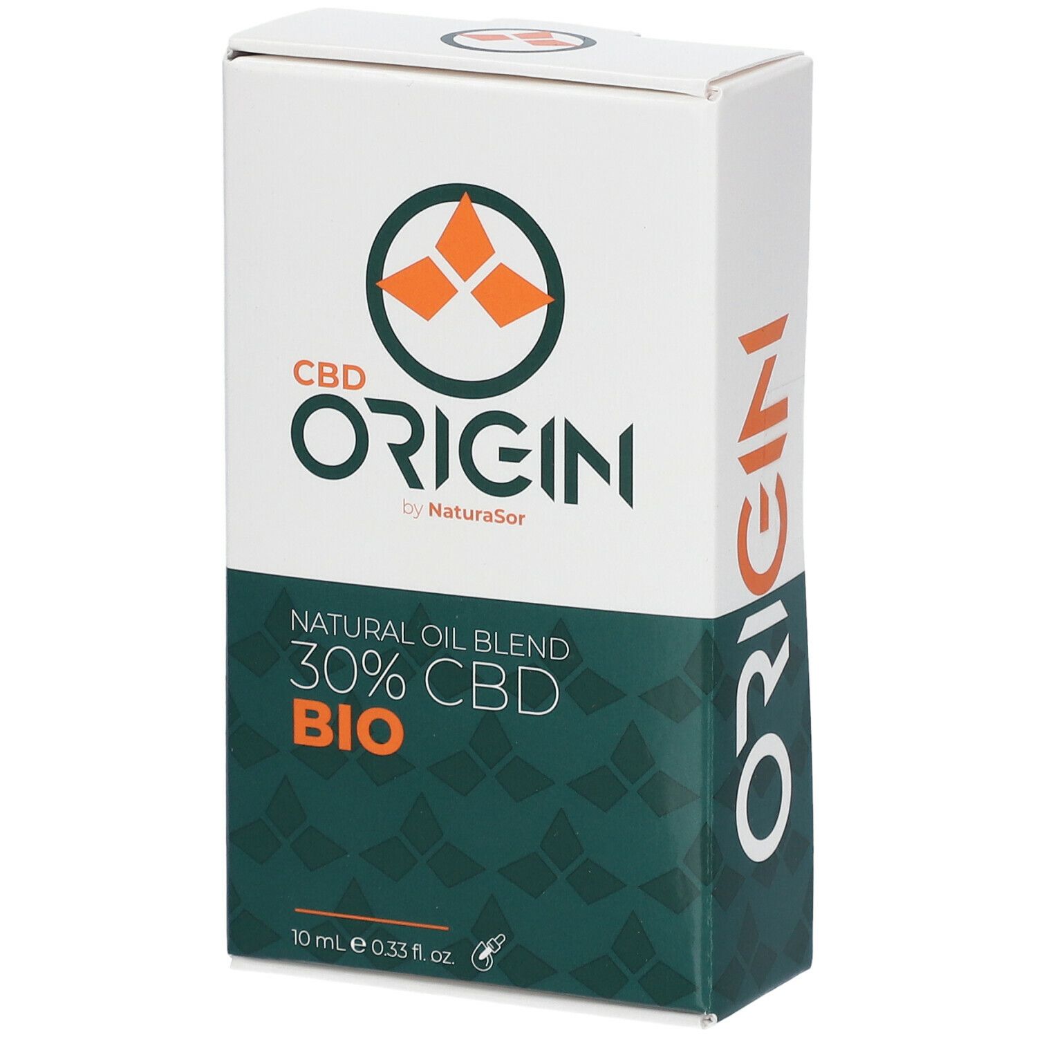 Witte doos met CBD Origin Natural Oil Blend. Opschrift: 30% CBD BIO. Logo met oranje elementen.