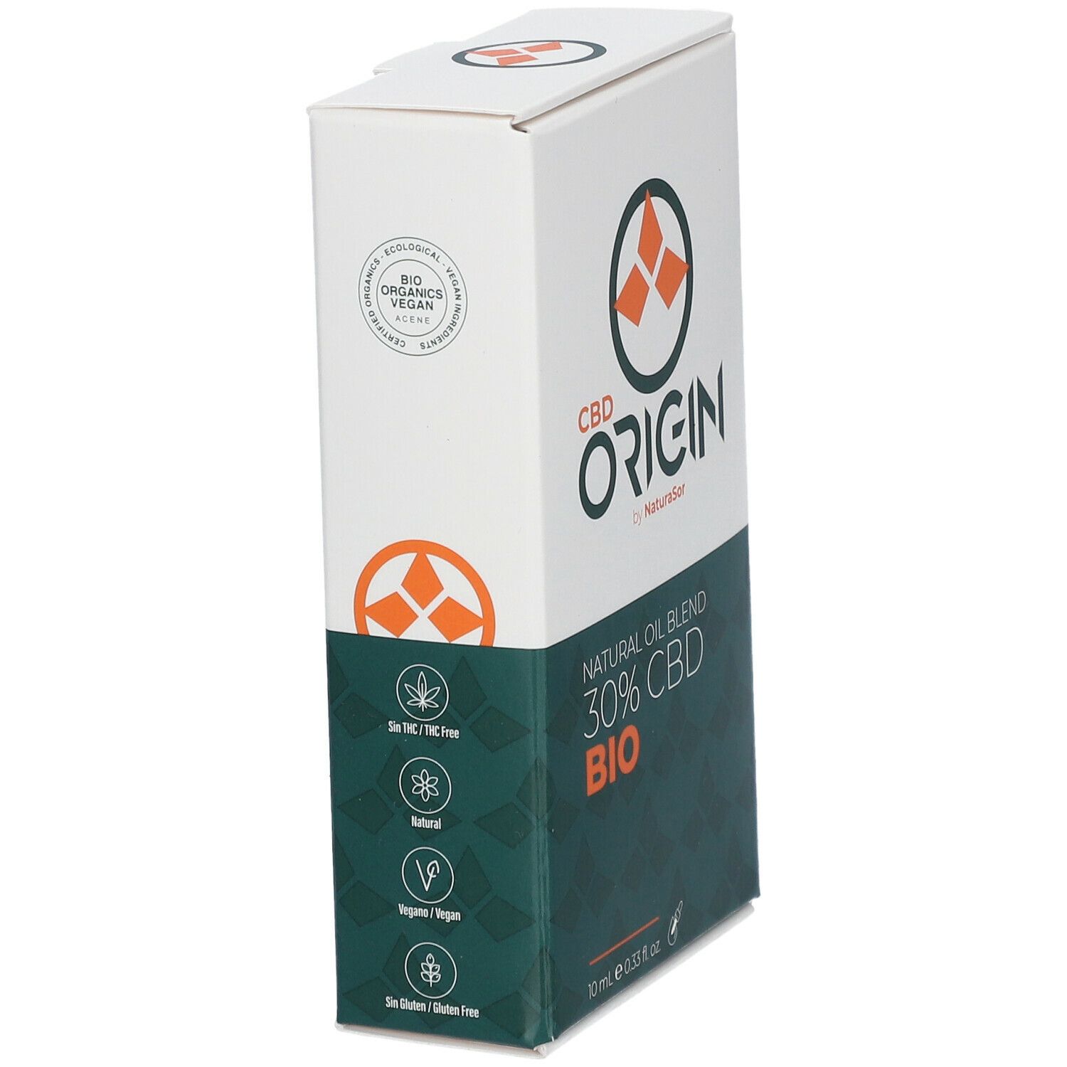 Witte doos met CBD Origin. Opschrift: 30% CBD BIO. Logo met oranje elementen. Bio-certificering.