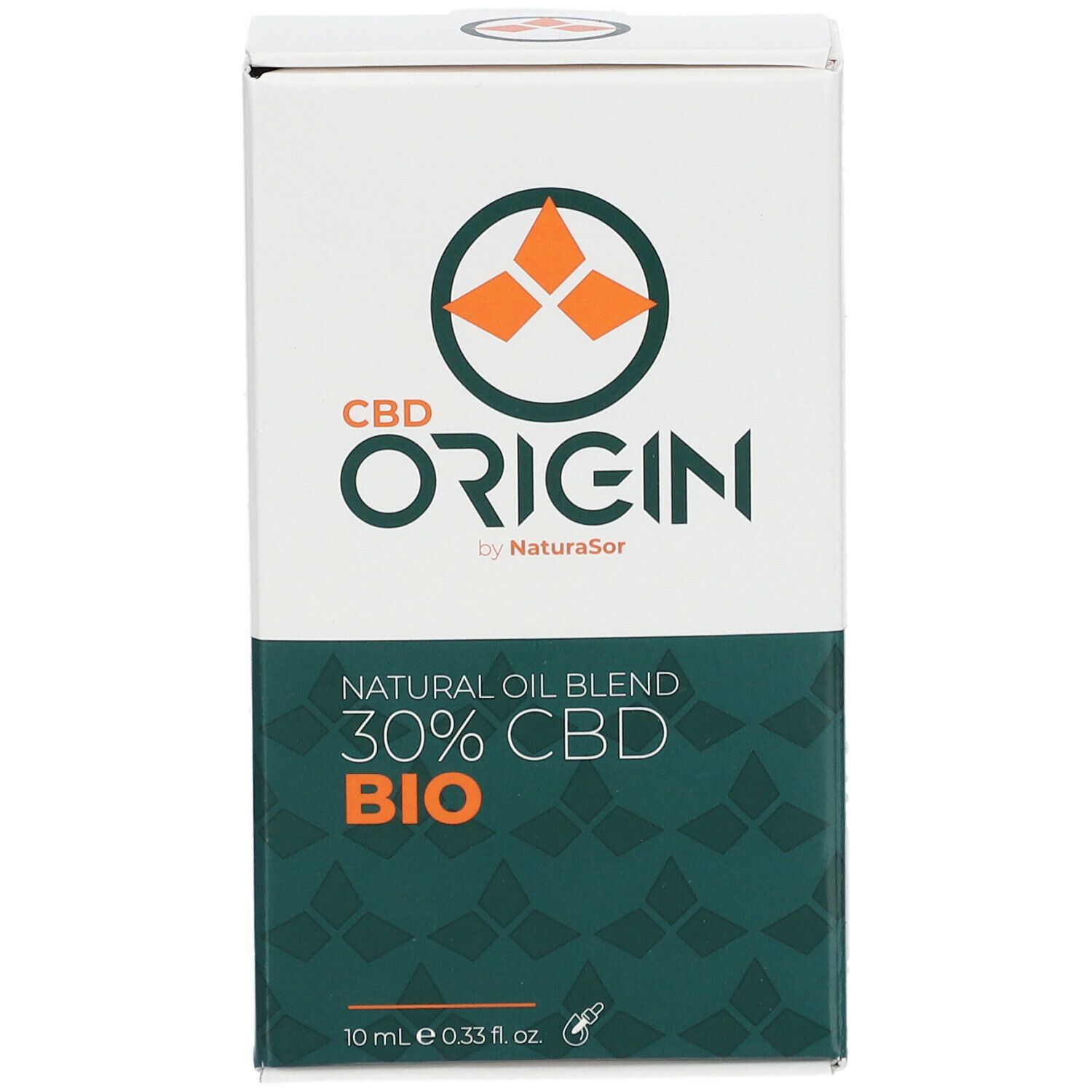 Witte doos met CBD Origin Natural Oil Blend. Opschrift: 30% CBD BIO. Logo met oranje elementen.