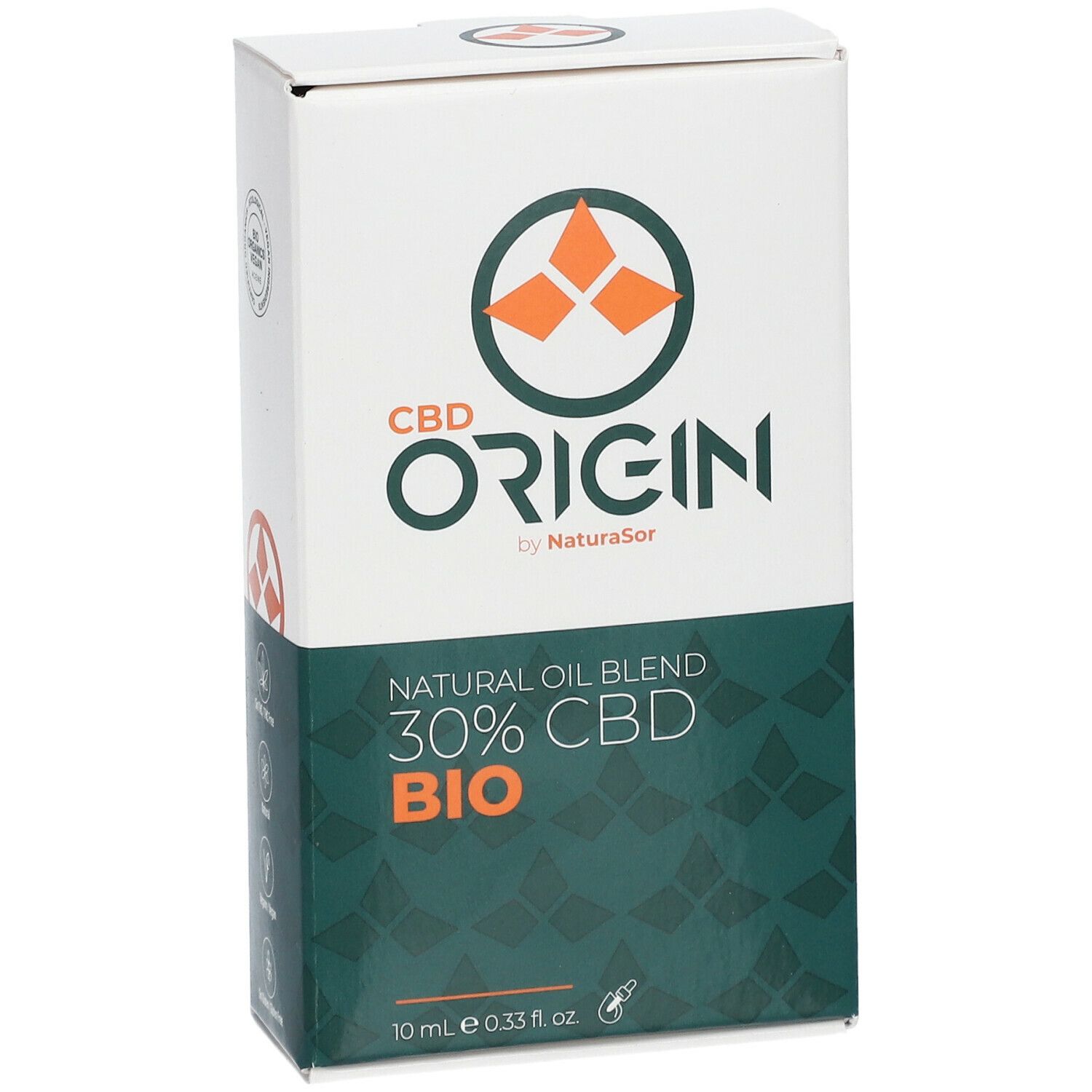 Witte doos met CBD Origin Natural Oil Blend. Opschrift: 30% CBD BIO. Logo met oranje elementen.