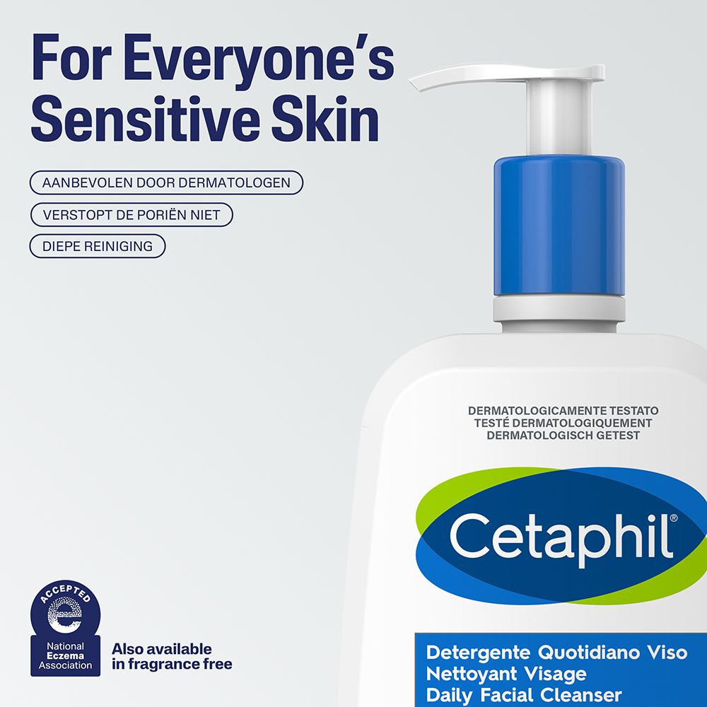 Product met tekst: Voor de gevoelige huid. Aanbevolen door dermatologen. Verstopt de poriën niet.