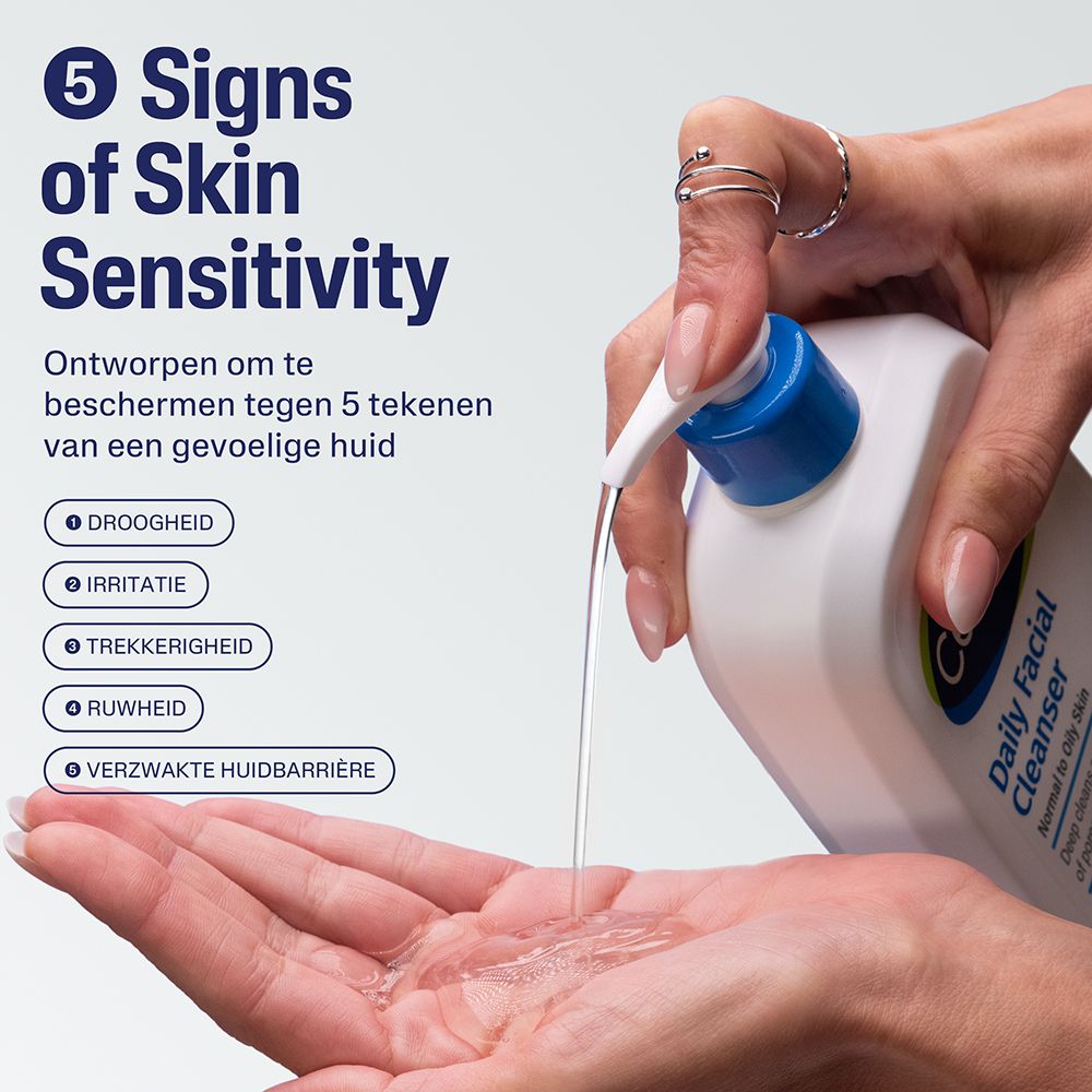 Handen houden Cetaphil reiniger. Tekst: 5 tekenen van huidgevoeligheid. Droogheid, irritatie, etc.