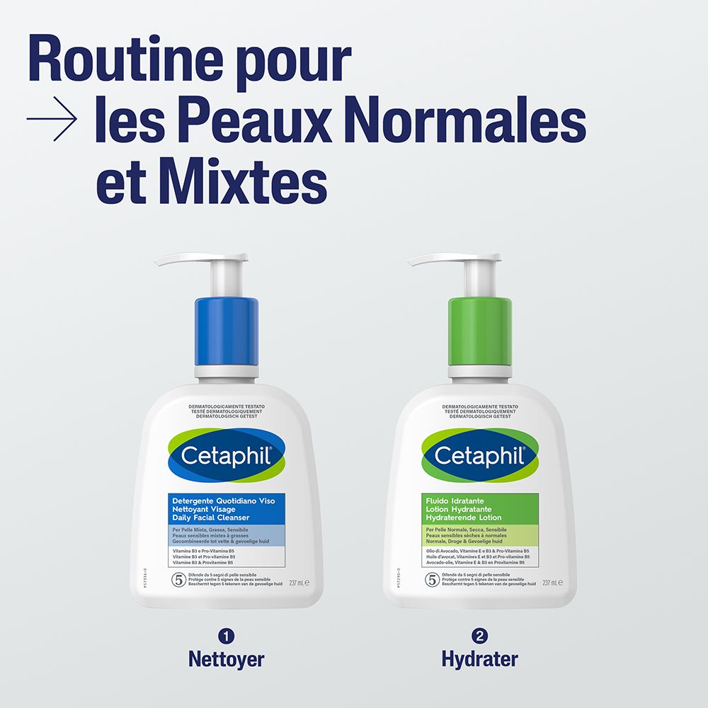 Twee Cetaphil reinigers. Blauw en groen. Tekst: Routine voor normale en gecombineerde huid.